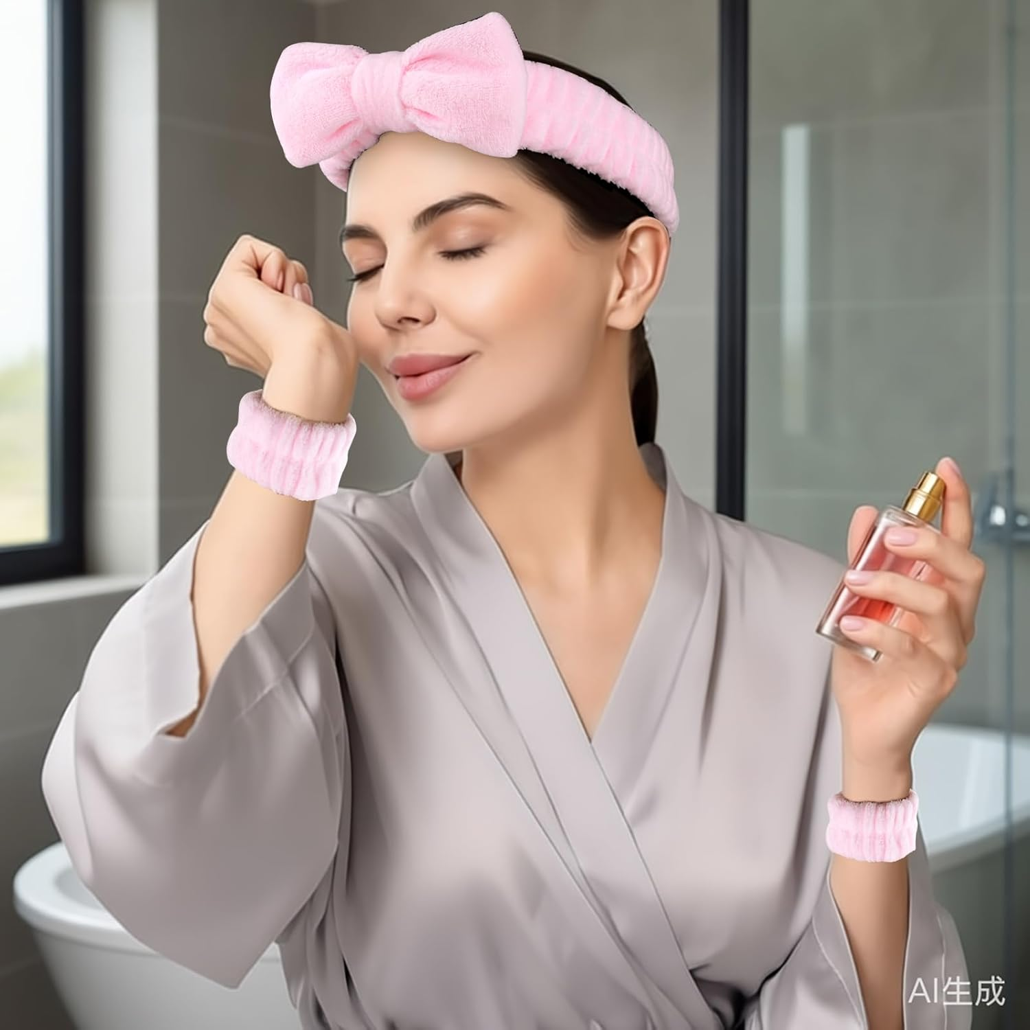 5-Piece Spa Facial & Hair Care Set &ndash; Pink Hair Clips, Terry Cloth Headband, Wristband, Elastic Band & Plush Sponge Makeup Headband image number 1