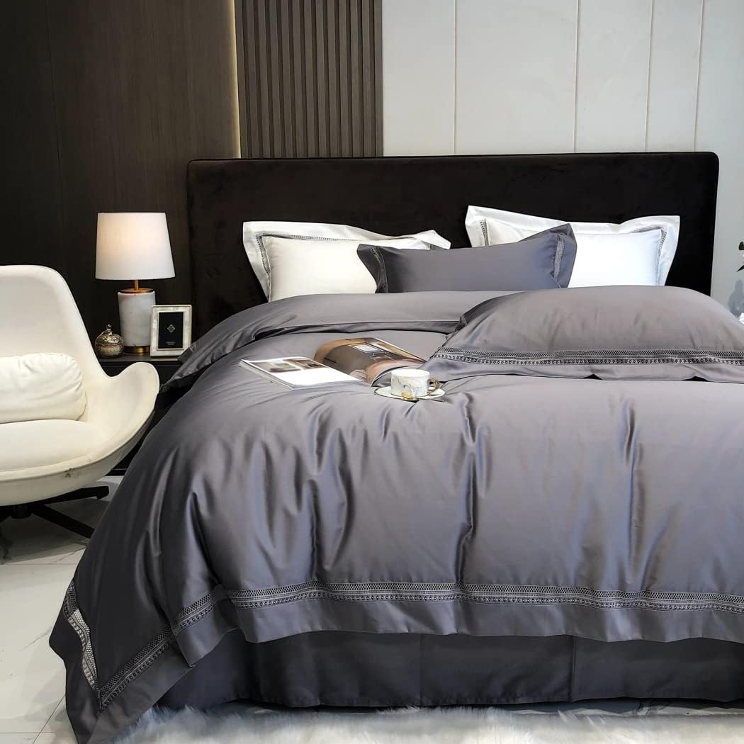 Modern Minimalist Hollow Edge Long-Staple Cotton Four-Piece Set Cotton Cotton Solid Color Quilt Cover Bedding,Black,2000 * 2300Mm