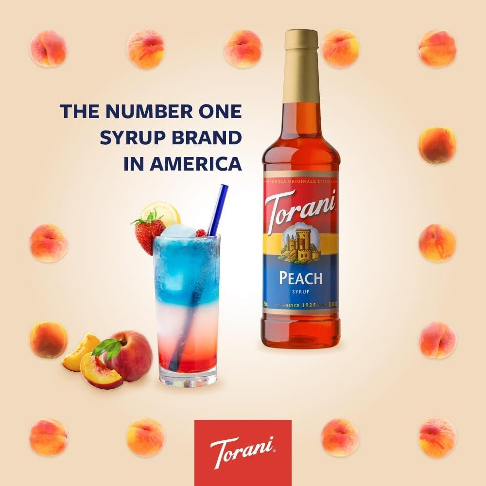 Torani Peach Syrup (750Ml) - Premium Cane Sugar Cocktail Syrup Flavouring for Iced Tea, Sodas, Bubble Tea & Cocktails - Fresh Fruit Taste, Vegetarian-Friendly