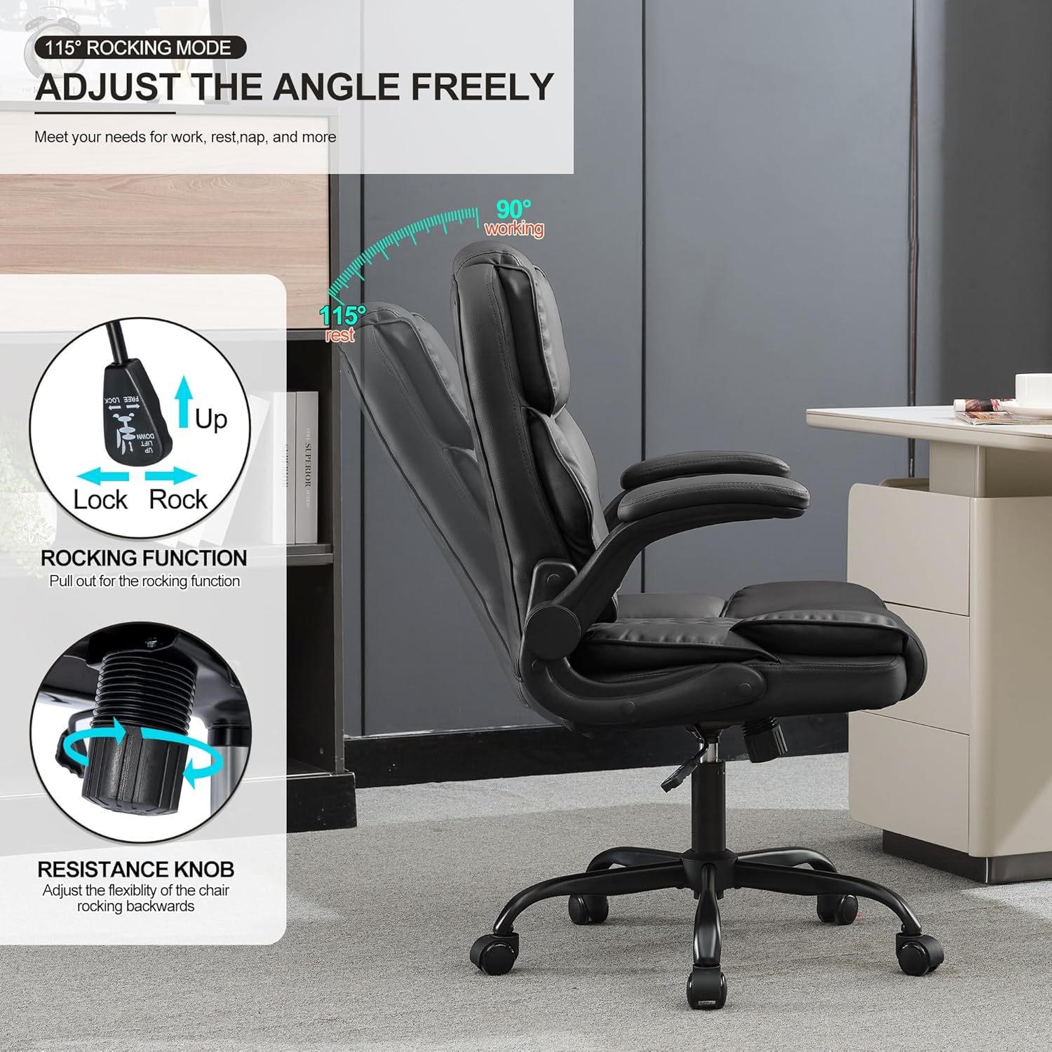 Okeysen Ergonomic Office Desk Chair, Mid Back Adjustable Executive Chair, Home Computer Desk Chair with Flip-Up Arms, 360&deg; Swivel Conference Room Chairs with Rocking Function (Black) - Brown image number 6