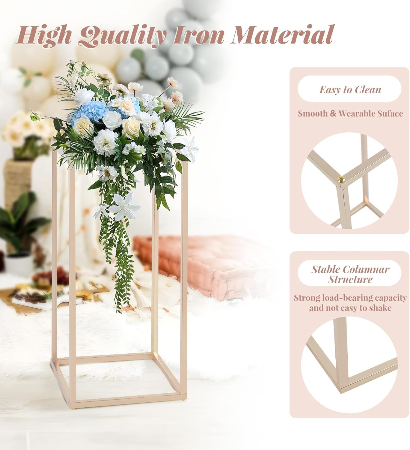 SOCROTO 10PCS Column Vases,Metal Flower Floor Vase,16In Tall Wedding Centerpieces for Tables,Gold Geometric Centerpiece Vase for Wedding,Party,Festival,Home Decorations, Events Reception image number 5