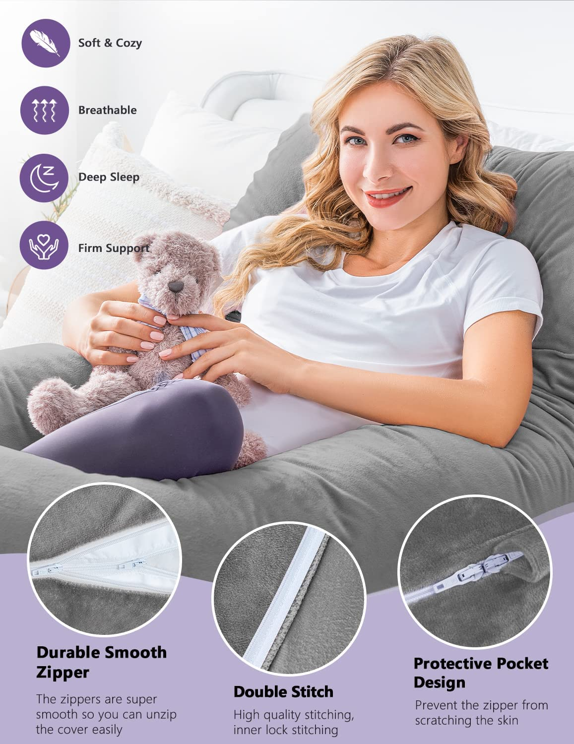 Meiz Pregnancy Pillow, U Shaped Pregnancy Body Pillow with Zipper Removable Cover (Gray- Velvet) image number 6