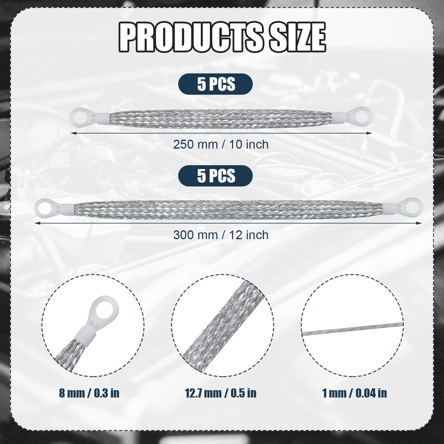 10Pcs Universal Automotive Ground Straps, 10/12 Inch Engine Ground Strap Kit Braided Copper Ground Straps Automotive Ground Strap Wire Ground Strap Connectors for Most Cars (Silver) image number 4