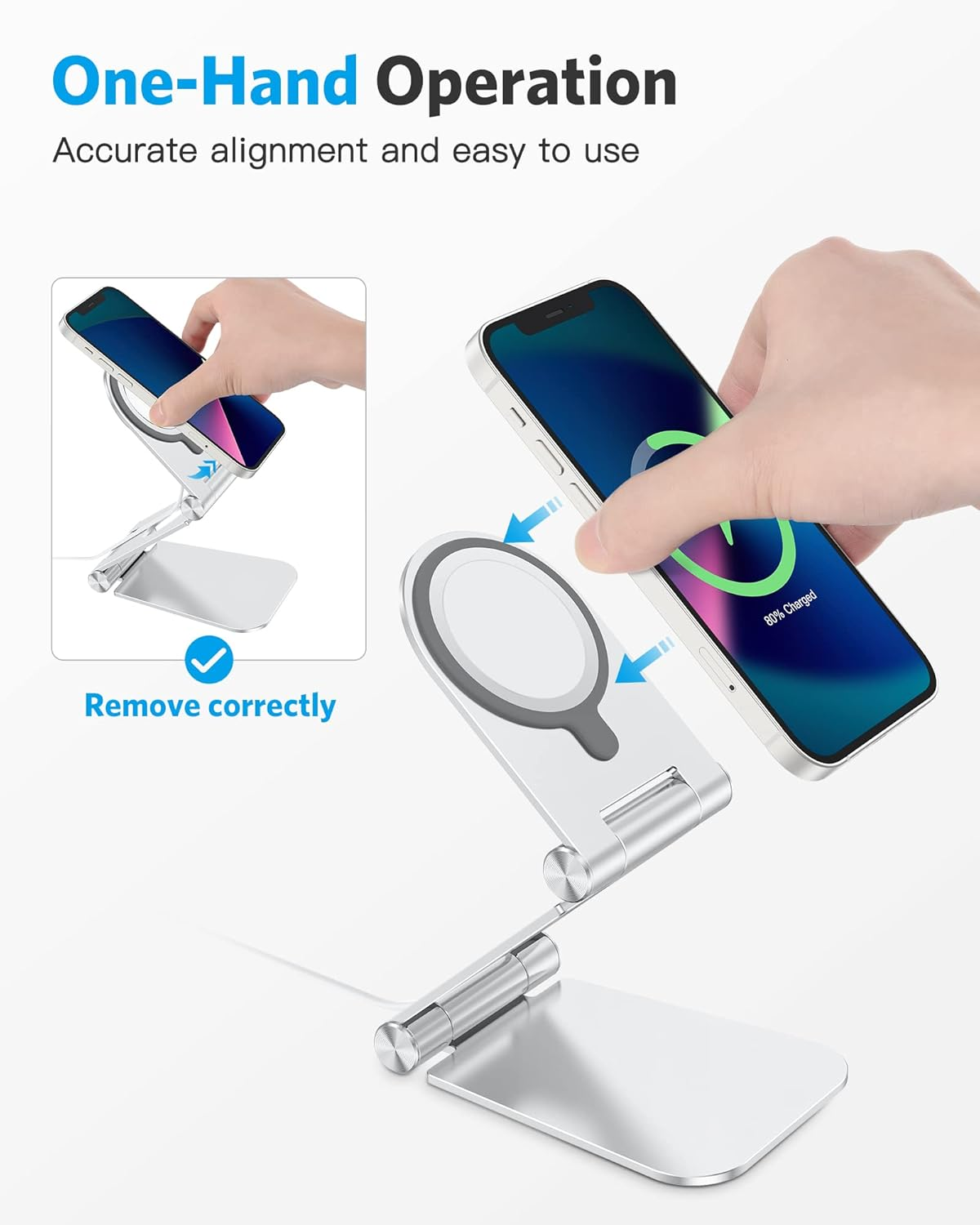 OMOTON Stand for Magsafe Charger, Foldable Phone Stand Holder for Magsafe Accessories， Compatible with Iphone 16/15/14/13/12 Pro Max/Pro, [Charger for Magsafe Not Included], Silver image number 6