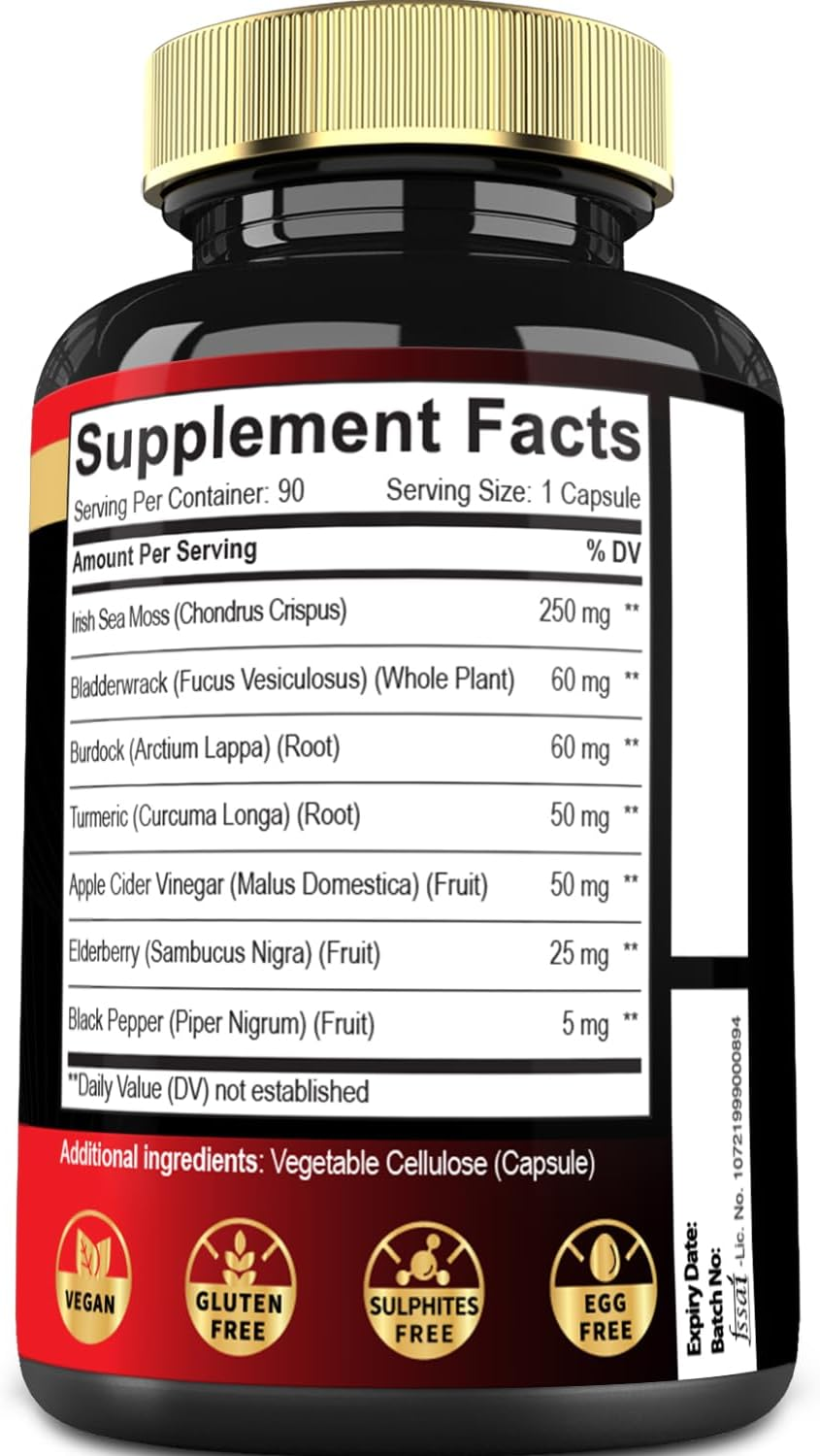 7In1 Irish Sea Moss Capsules 6750 Mg, Blended Bladderwrack & Burdock, Turmeric, Apple Cider Vinegar, and Others - Immune, Thyroid, Skin & Body Support - 90 Caps 3-Month Supply image number 4