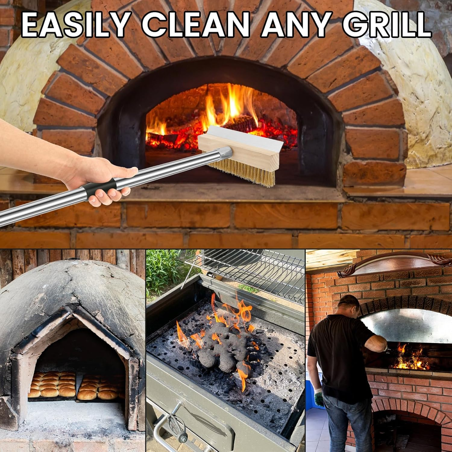 Pizza Oven Brush, with Scraper, Non Scratch Heat Proof Brass Bristles, Practical Grill Cleaner Tool with Long Handle Portable, Outdoor Pizza Oven Accessory, for Commercial Cleaning Kitchens image number 4