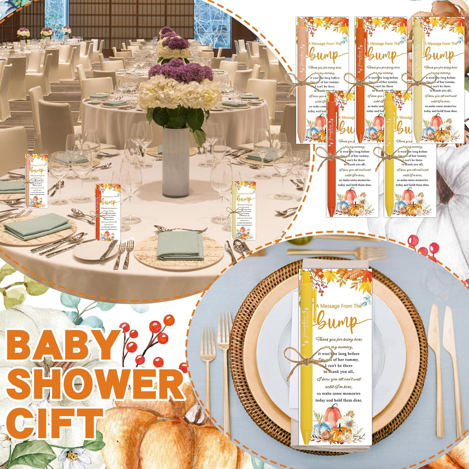 50 Sets Little Pumpkin Baby Shower Favors Baby Shower Pens Gifts Bulk Fall Pumpkin Theme Sign 50 Ballpoint Pens 50 Thank You Cards with Twine for Gender Reveal Party Souvenirs Return Gifts Prizes image number 2