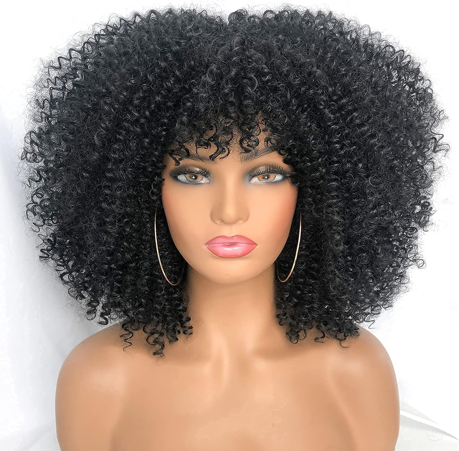 Runm Short Curly Afro Wig with Bangs for Black Women Kinky Curly Hair Wig Afro Synthetic Heat Resistant Full Wigs(Black) image number 3