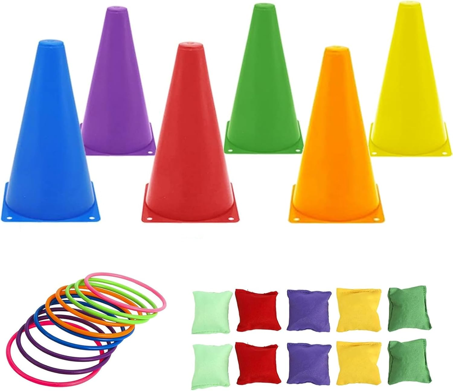 6 Throwing Buckets+10 Circles+10 Beanbags+1 Storage Bag,Colorful Happy Circle Game,Soft Plastic Cones Bean Bags Ring Toss Games for Kids Birthday Party Outdoor Games Supplies(Random Color) image number 2