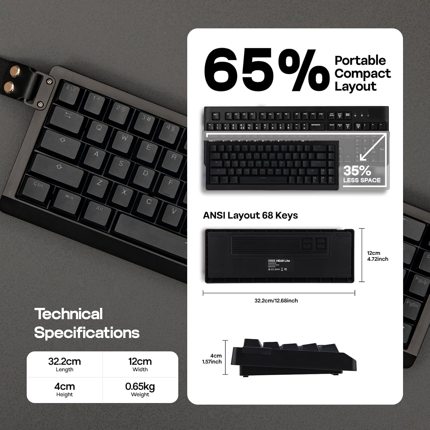 EPOMAKER HE68 Lite Hall Effect Gaming Keyboard, 8K Polling & 128K Scan Rate, 0.01Mm Adjustable Trigger, 0.125Ms Latency, 5-Layer Sound-Dampened, Snap Key, SOCD, A-RGB, Wired, Mac Software (Black) - Black image number 4