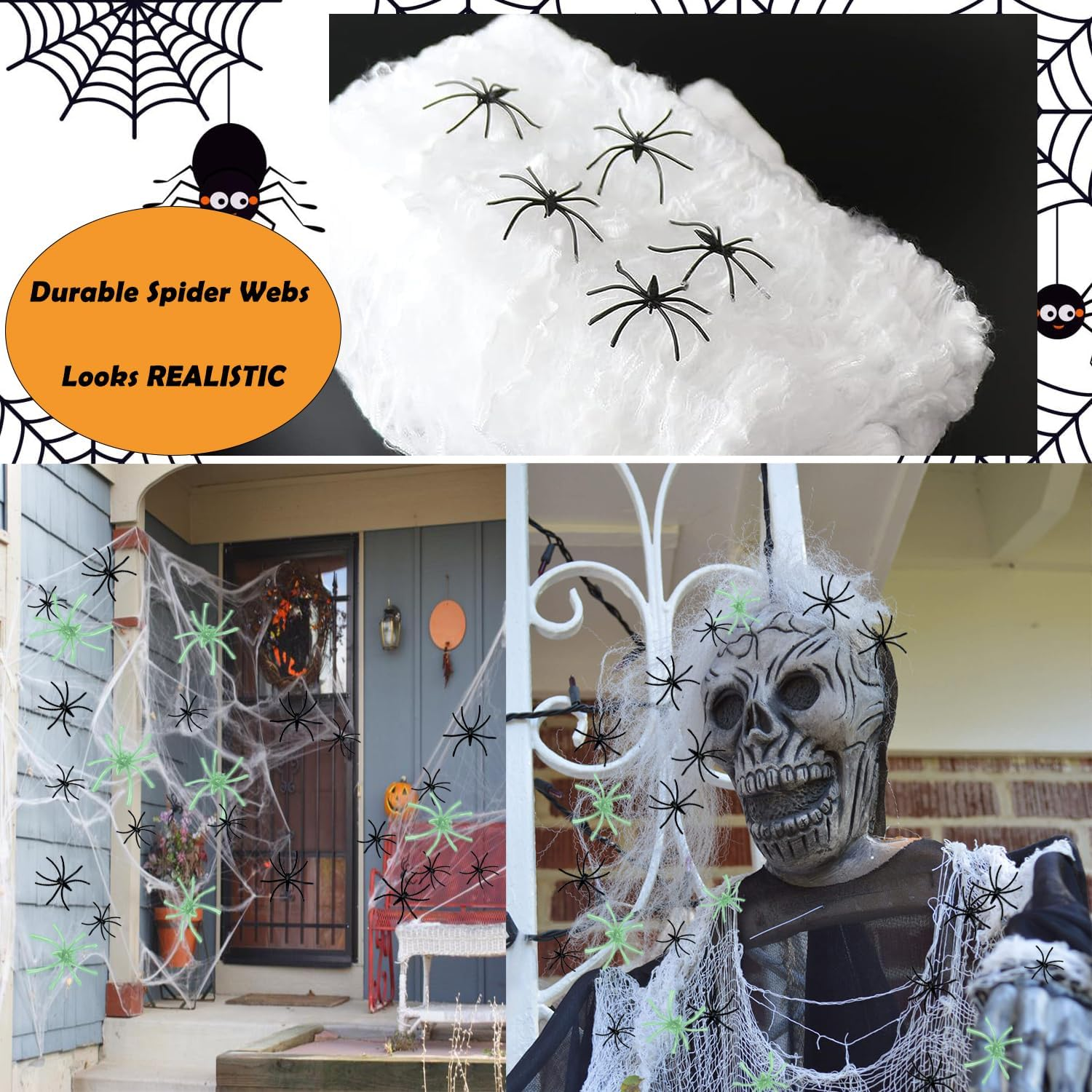 300 Sqft Spider Webs Halloween Decorations, Super Stretchy Web Cobwebs with 10 Glow Fake and Creepy Black Spiders White Webbing Haunted House Party Supplies Spooky Home Office Yard Decor image number 2