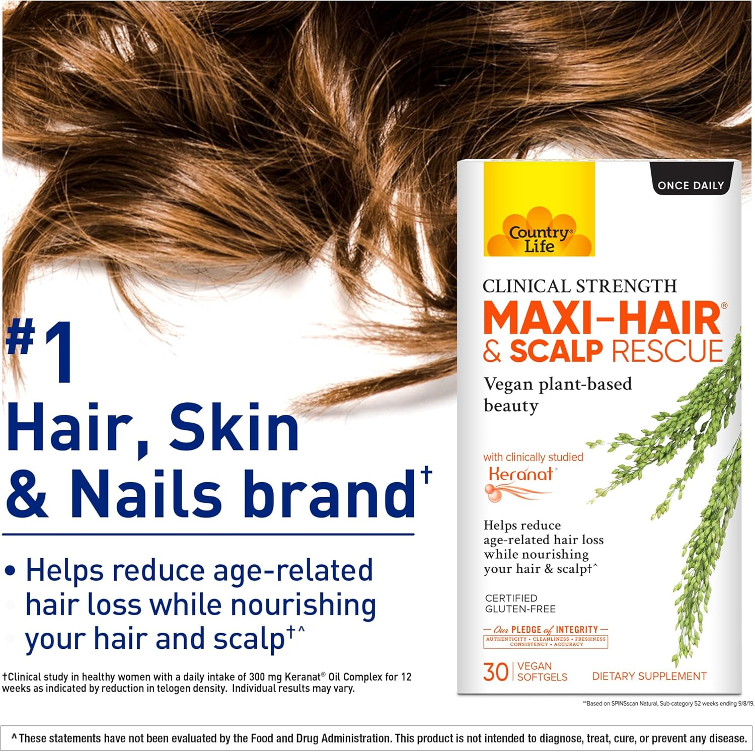 Country Life Maxi-Hair & Scalp Rescue - 30 Count - May Help Reduce Age-Related Hair Loss - Keranat - Hair & Scalp Support - Clinical Strength image number 1
