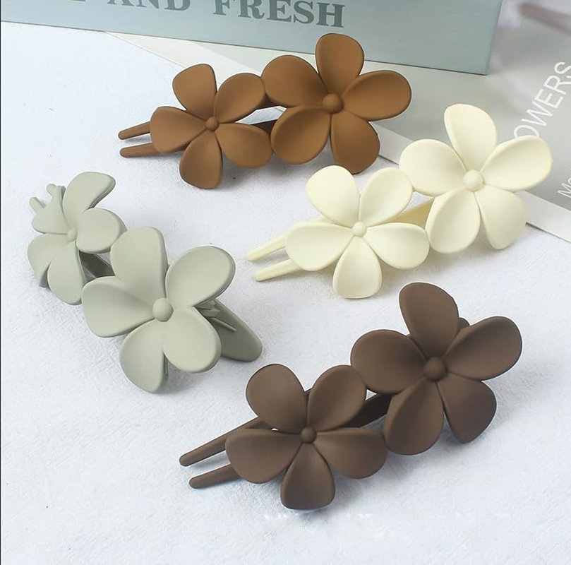 2Pcs Matte Flower Hair Clips Hair Barrettes Accessories for Women Girls Thick Hair (White+Coffee) image number 3