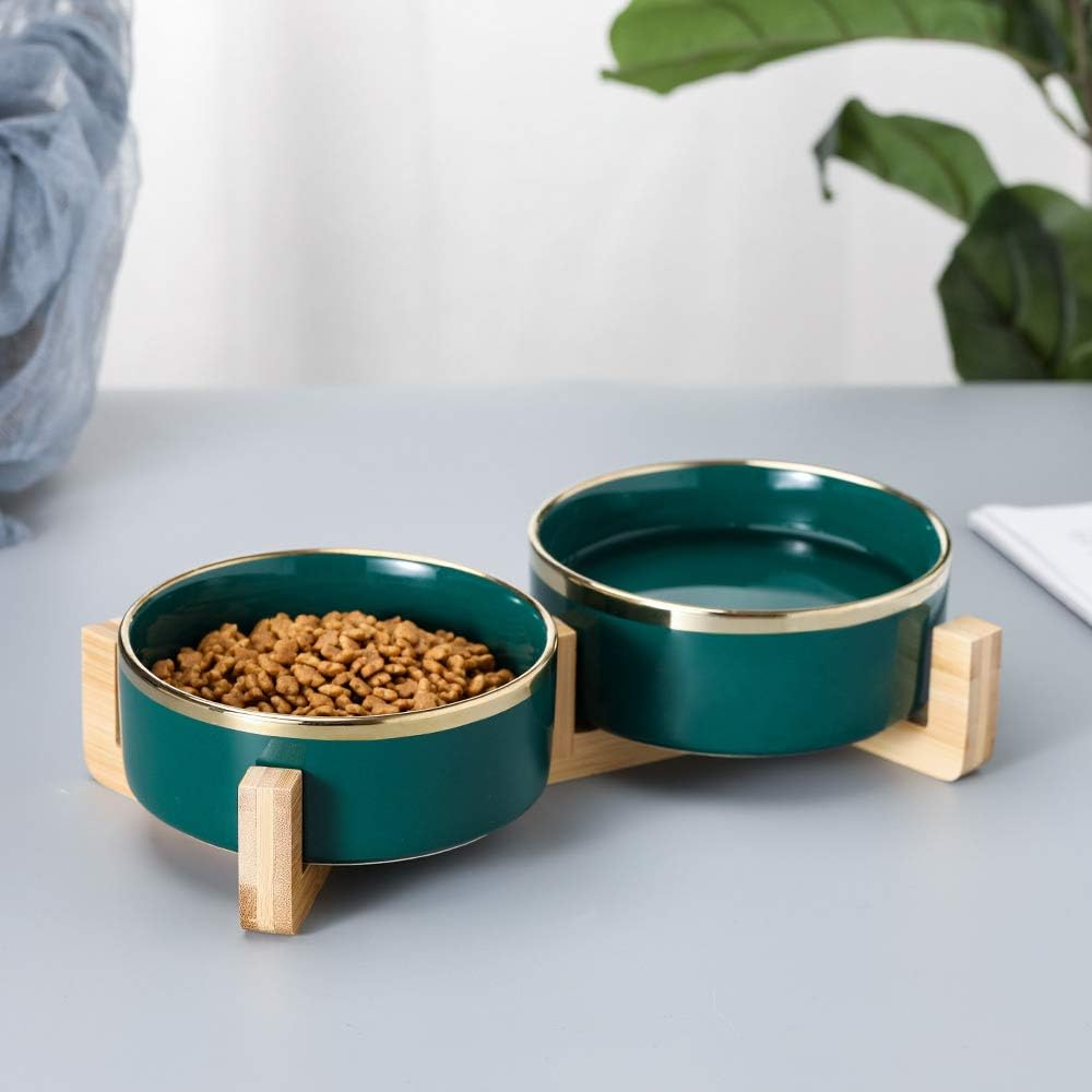 Green Gold Ceramic Cat Dog Bowl Dish with Wood Stand No Spill Pet Food Water Feeder Cats Medium Dogs Set of 2 image number 6