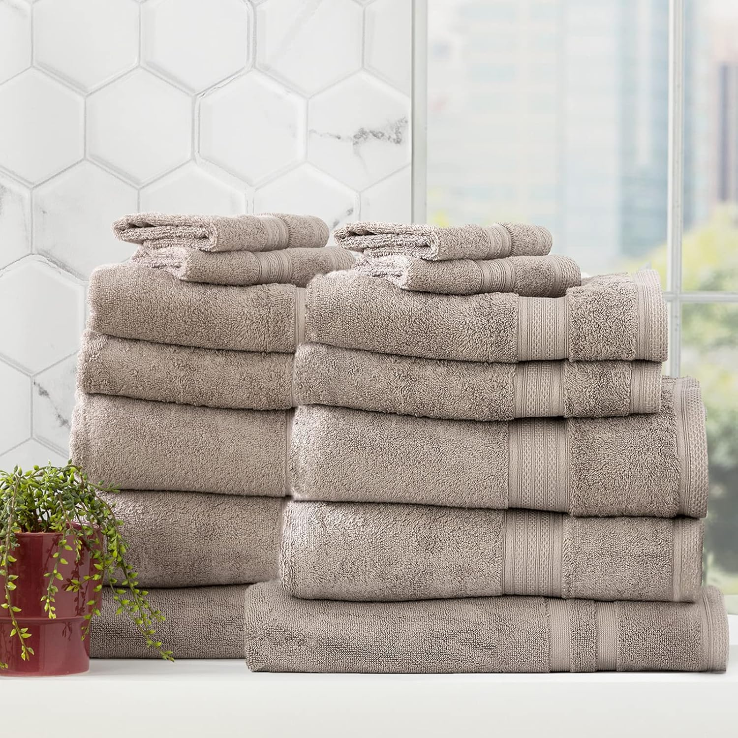 14Pc Renee Taylor Stella Bath Towel/Mat Set Soft Bamboo Cotton 650 GSM Pewter image number 6