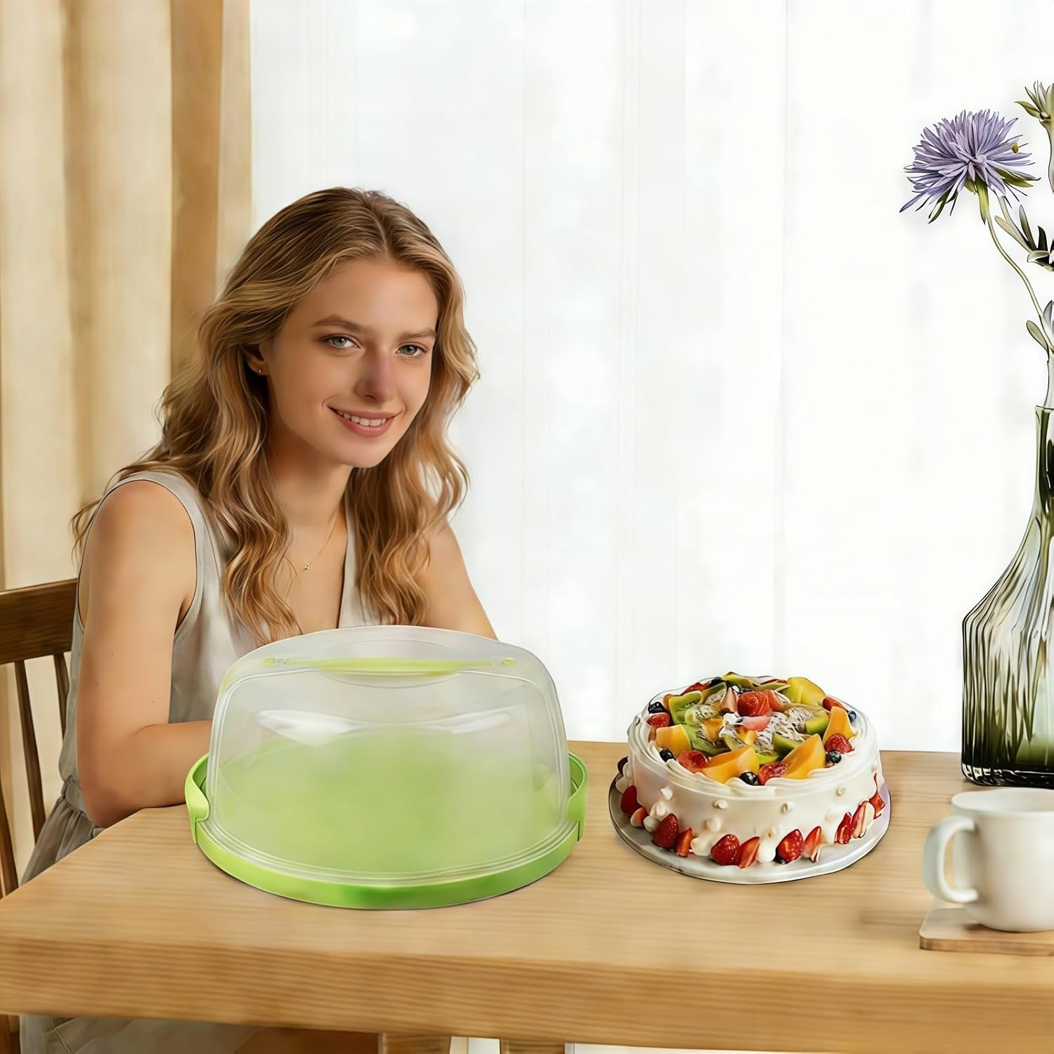 10 Inch Cake Carrier Stand round Holder Storage with Lid and Handle for Transport Storage Container Tray Cake Cover Stand Cupcake Containers Keeper Kitchen Cooking Box Large (Green) image number 4