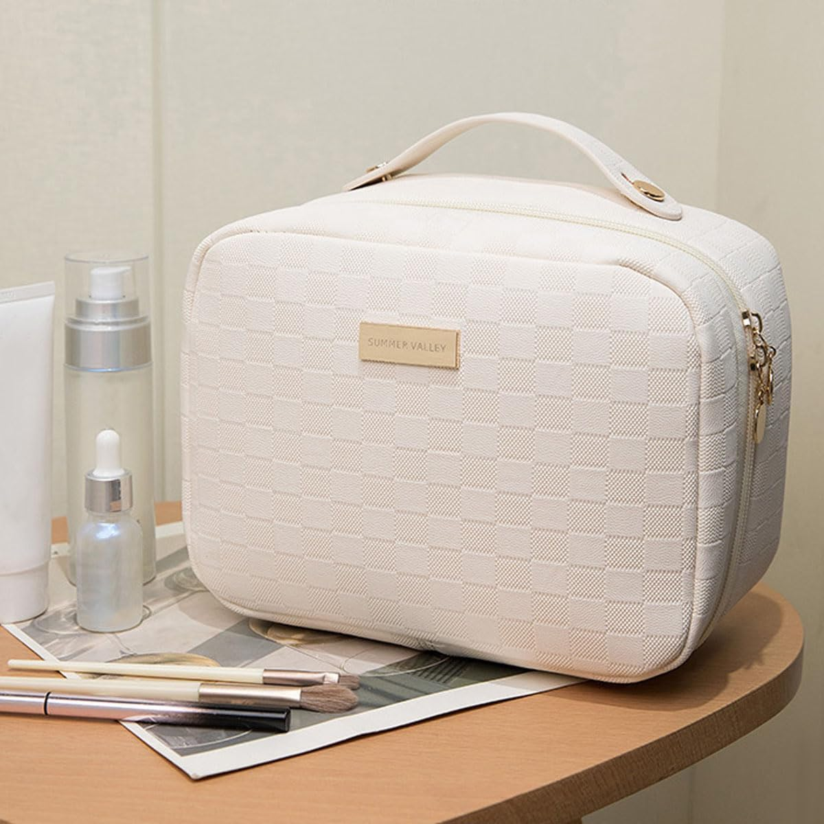 Women'S Pure Color Square Box Large Capacity Cosmetic Bag, Fashionable Portable Multi-Compartment Makeup (Pink) - Coffee image number 2