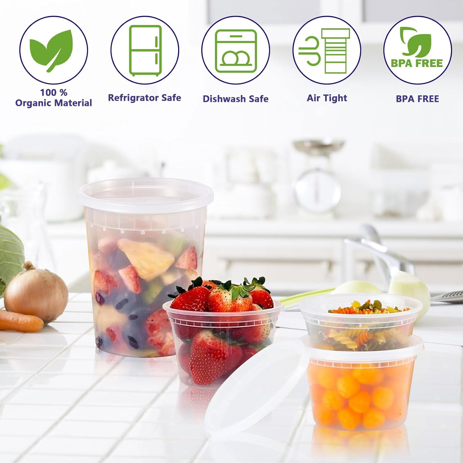 60-Set Deli Containers with Airtight Lids [20Sets-8Oz, 20Sets-16Oz, 20Sets-32Oz] - Bpa-Free, Leakproof, Microwave, Dishwasher & Freezer Safe - Good for Meal Prep, Portion Control, and Food Storage image number 1