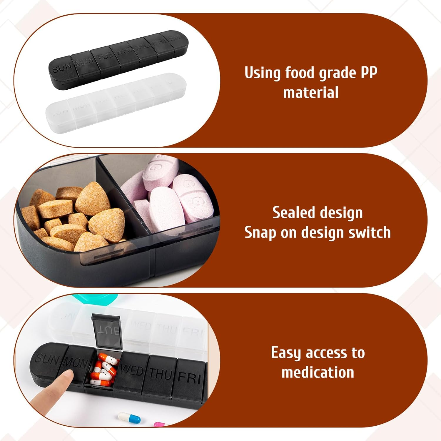 Pill Organiser 7 Day, 2Pcs Tablet Organiser, Medicine Organiser, Weekly Pill Organizer, Travel 7 Days Medicine Box, Plastic Storage Box, Small Pill Container, Vitamin Planner (Black/Transparent) image number 2