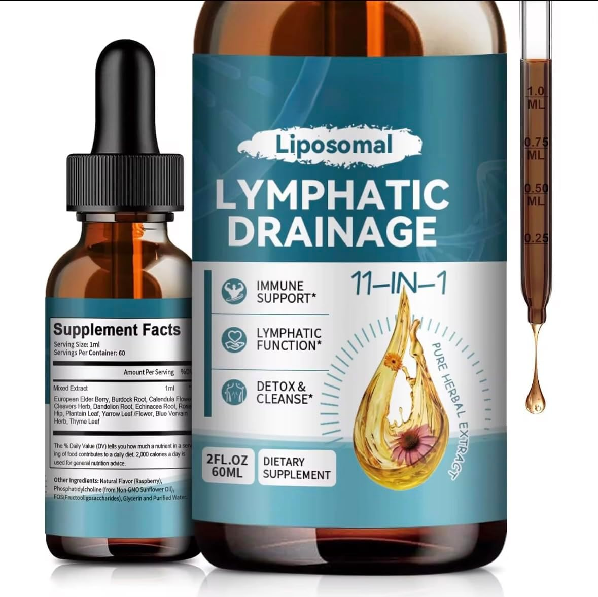 Lymphatic Drainage 11-In-1 Drops Herbal Blend with Elderberry, Burdock Root, Dandelion, Echinacea, Calendula & Cleavers, Raspberry Flavour Liquid Drops with Dropper, 60 Ml (2 Fl Oz) image number 6
