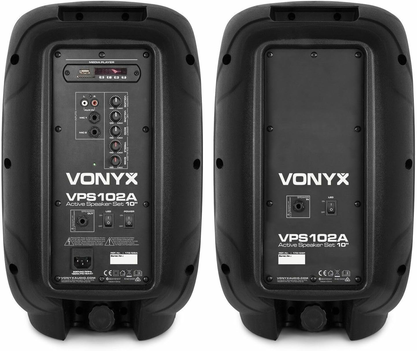 VONYX VPS102A Dual 10 Active DJ Speakers | Bluetooth Speaker with Microphone | Party and Concert Speakers with USB & SD Inputs, LED Lights and Speaker Stands. image number 4