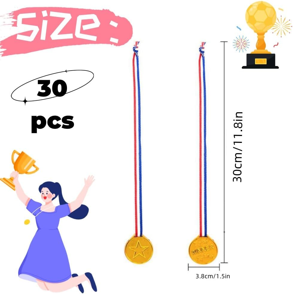 30Pcs Gold Plastic Winner Award Medals, Plastic Medal with Neck Ribbons for Student Rewards, Winner Participation Medals for Party Decoration, Games Competition, Sports, Activity, Talent Show image number 3