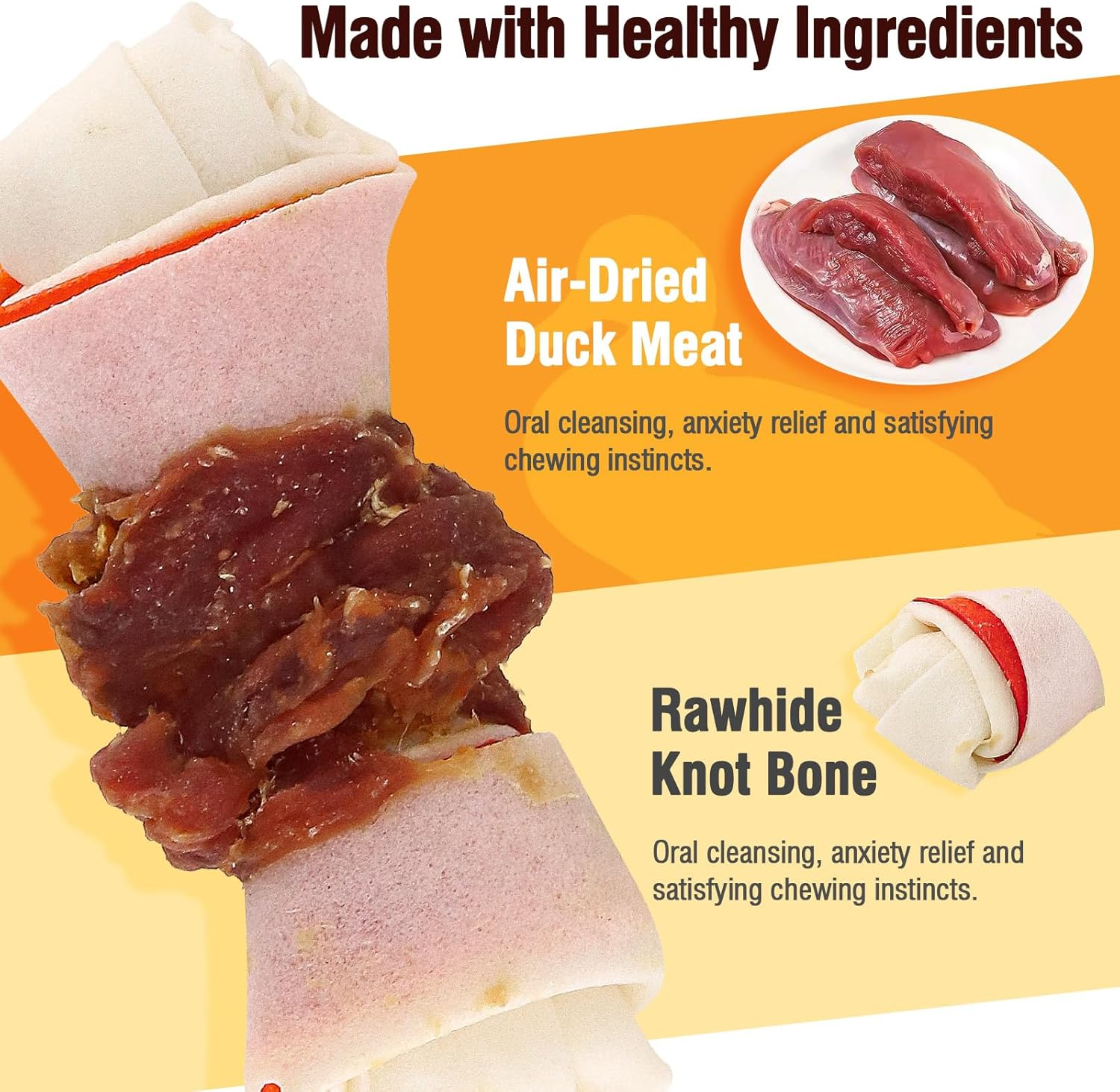 Duck Wrap Knotted Rawhide Bones, Long - Lasting Beefhide Dog Treats for Small to Large Dogs Training Treats, Real Duck Wrap Rawhide Promotes Dental Health 4.3" Pack of 5 7.05 Oz（200G） image number 2