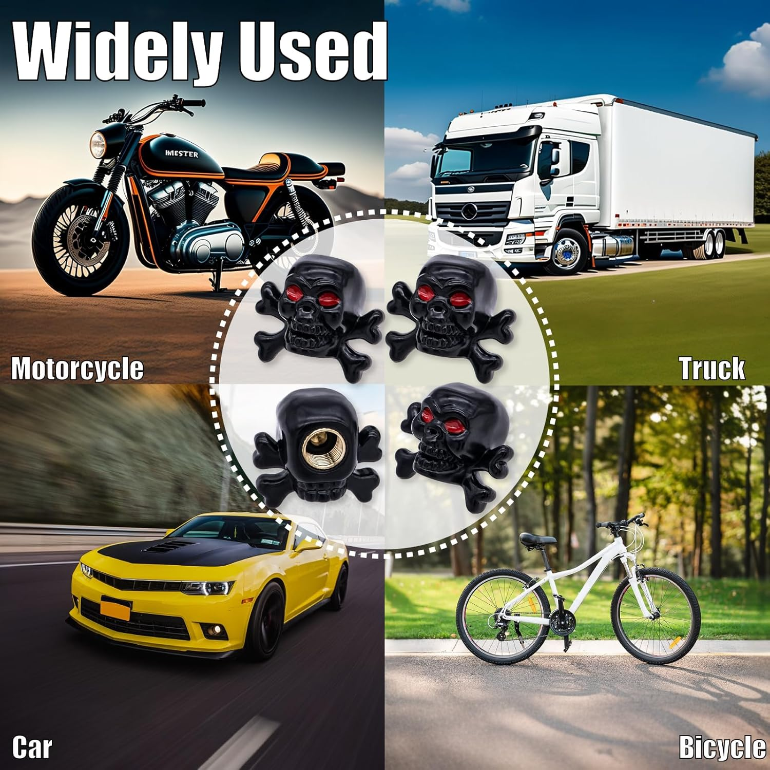 MEAJOO 4PCS Skull Style Tire Valve Stem Caps, Dustproof Wheel Valve Covers Accessories, with Rubber O-Ring, Universal for Cars, Suvs, Bike, Bicycles,Trucks and Motorcycles (Black) image number 5
