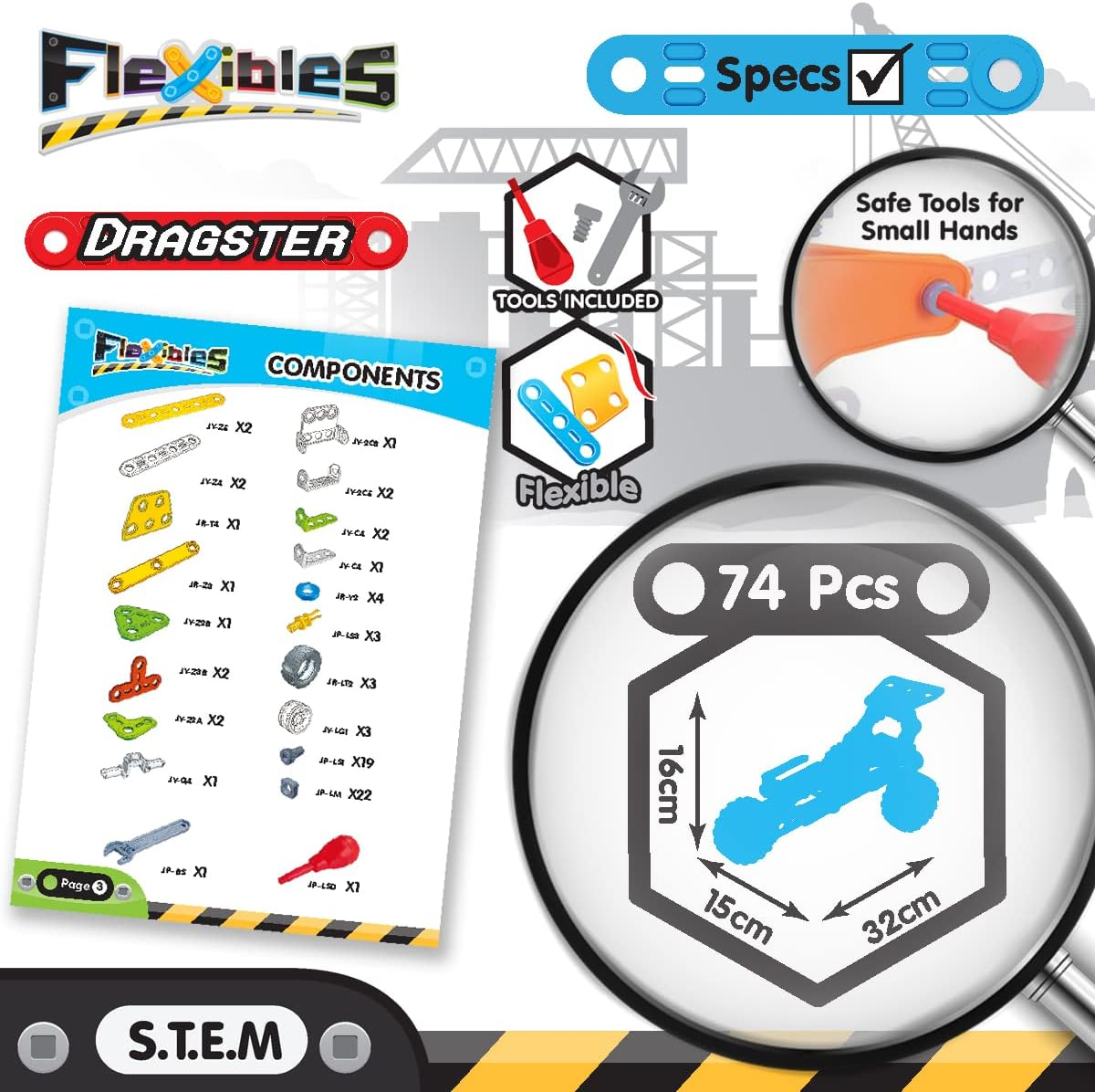 Construct IT Flexibles Dragster Building Set with Tools Included - 74 Pieces Toy Drag Race Car Construction Set - STEM Toys for 5+ Year Olds - Build Your Own Toy Drag Race Car image number 2