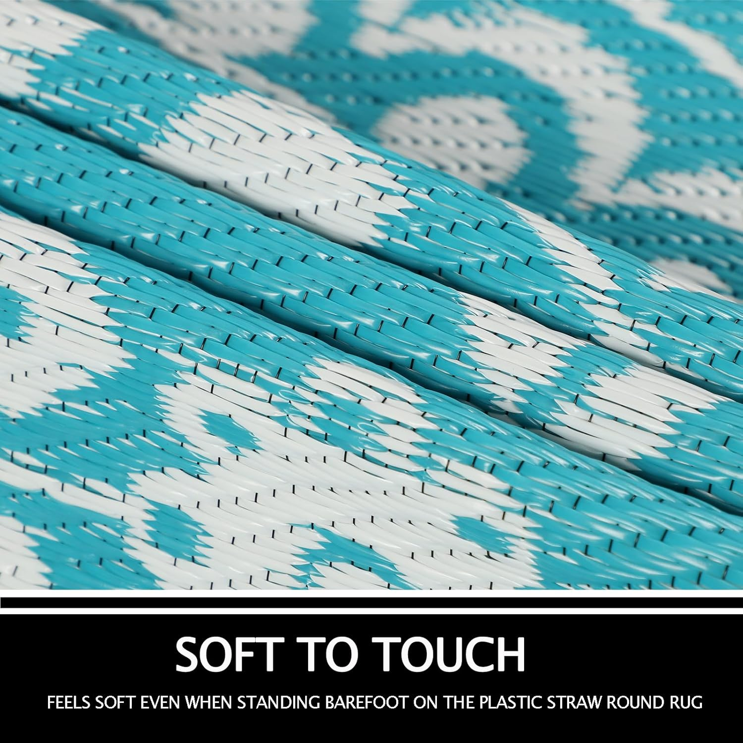 Capslpad round Outdoor Rug for Patio 150Cm Boho Reversible RV Mat Waterproof Outdoor Plastic Straw RV Camping Rug outside Circle Area Rug for Porch Deck Terrace Picnic Beach Apartment Pool Decor,Teal image number 4