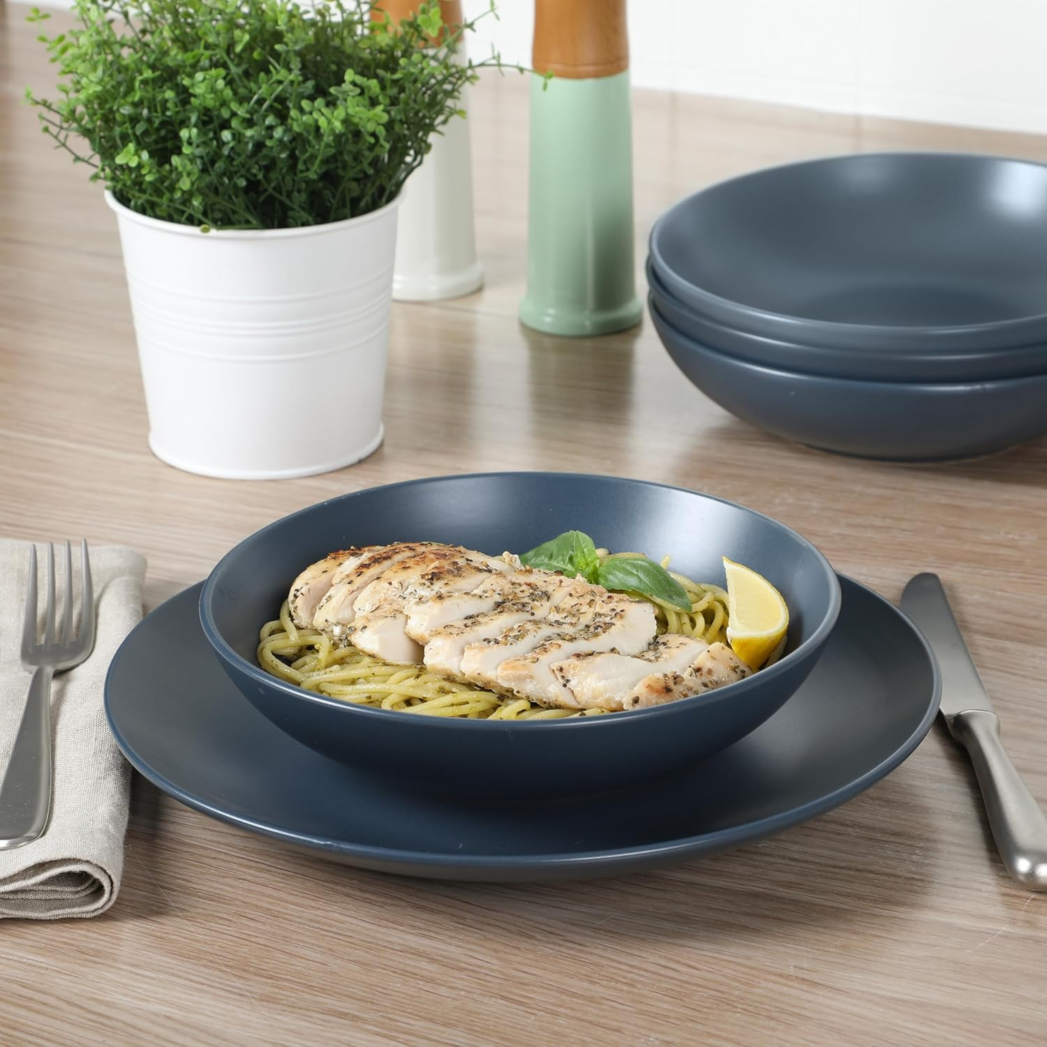 Gibson Home Queenslane 16 Piece Double Bowl Plates and Bowls Dinnerware Sets - Matte Blue image number 3