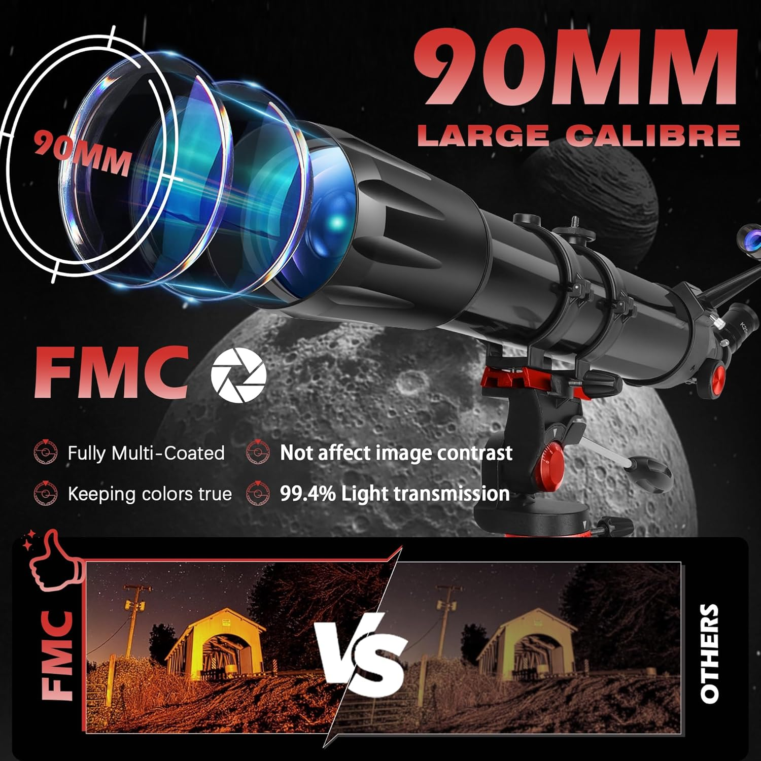 Telescope,Telescope for Adults High Powered, 90Mm Aperture 900Mm Professional Refractor Telescopes for Kids & Beginners, Magnification 450X,For Planet Observation with Stainless Tripod & Phone Adapter image number 5