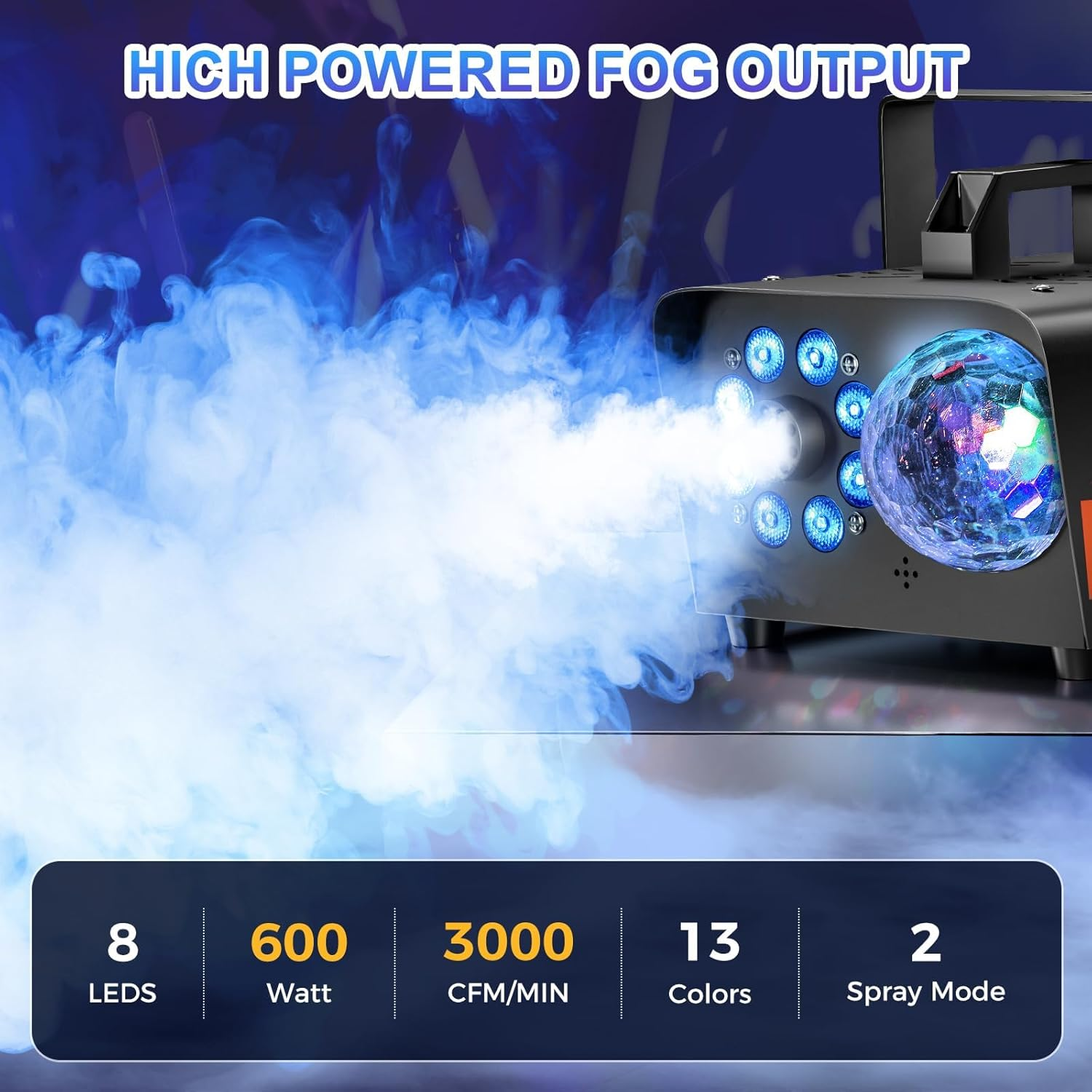 Smoke Machine, Fog Machine with Disco Ball Lights, 600W and 3000CFM with 13 Colorful LED Lights Effect, Wireless Remote Control, Suitable for Parties, Wedding, Halloween, and DJ Stage, Indoor image number 6