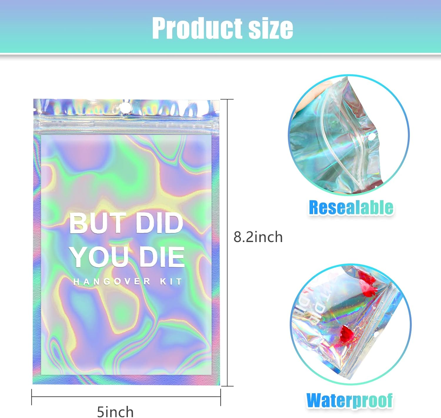 Hangover Kit Bags DID You DIE Holographic Hang over Recovery Bags Bachelorette Party Supplies Gift Bags for Bach Party Favors 5X7/ Pack of 20 (DID You DIE) Clear image number 6