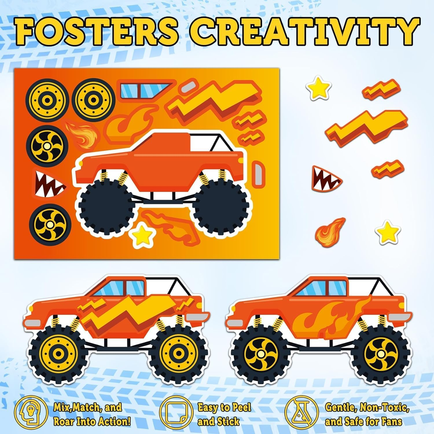Chengruiy 24 Sheets Monster Trucks Stickers for Kids, Ideal for Monster Truck Party Favors, Birthday Decorations, and Creative DIY Crafts