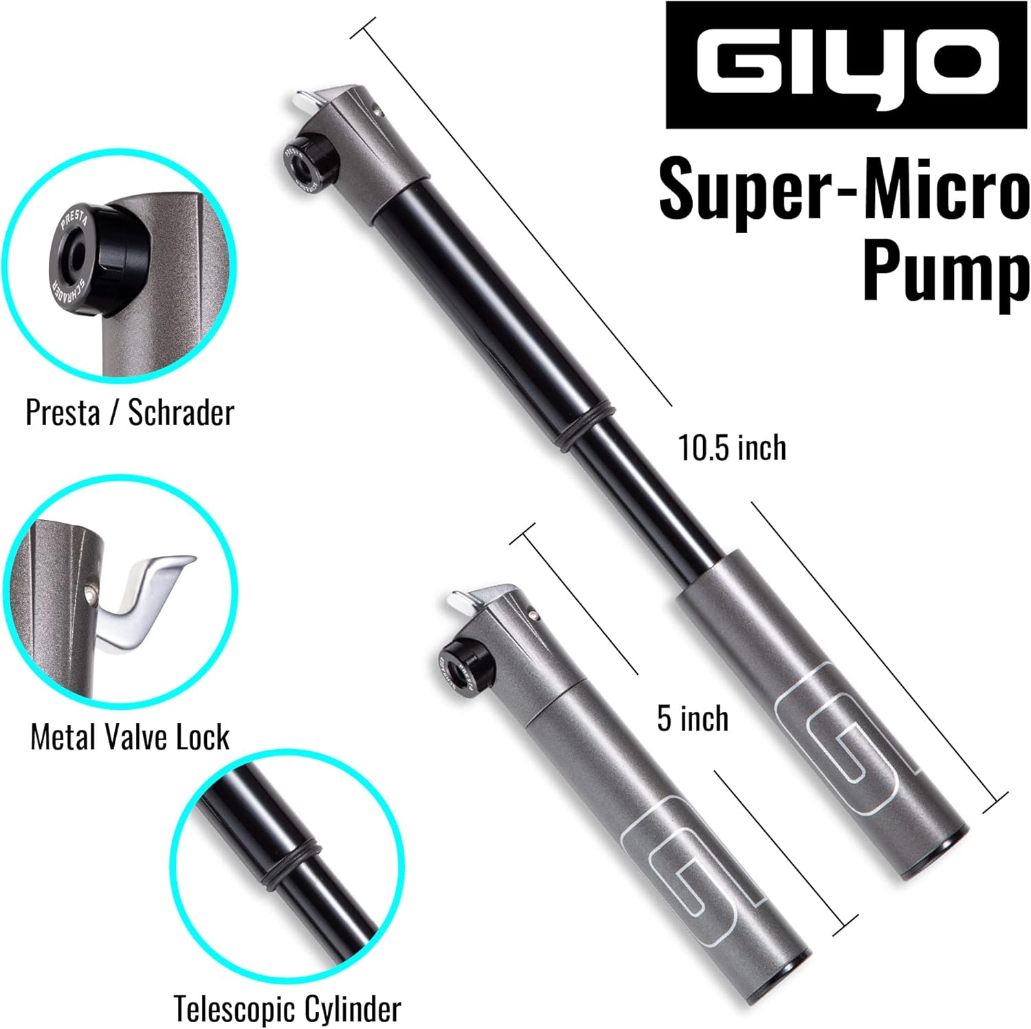 GIYO Small Bike Tire Pump Schrader & Presta Valve for MTB 80 PSI Telescopic Barrel All Metal CNC Portable Mini Bike Pump Secure Valve Lock for Easy Pumping | Taiwan Made GM043 image number 4