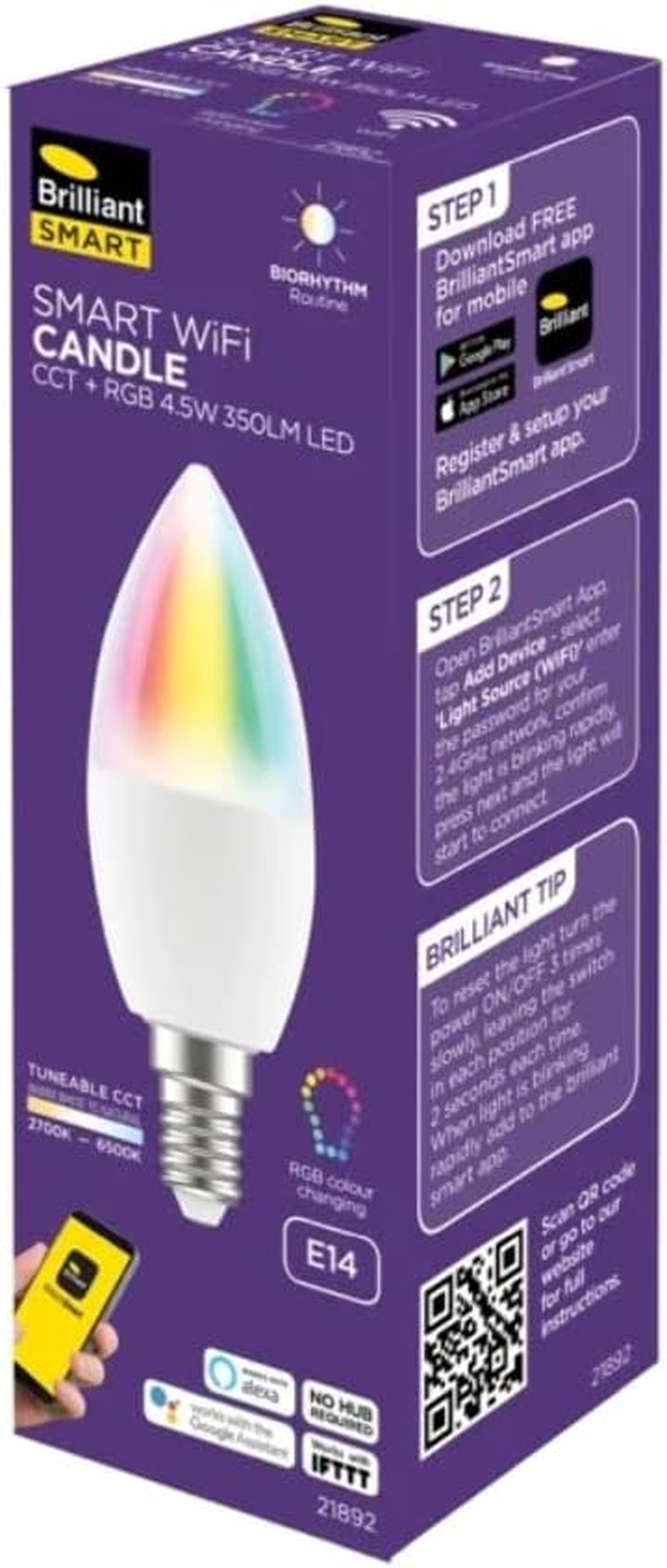 Brilliant Smart C37 E14 Wi-Fi RGB and CCT LED Globe Bulb