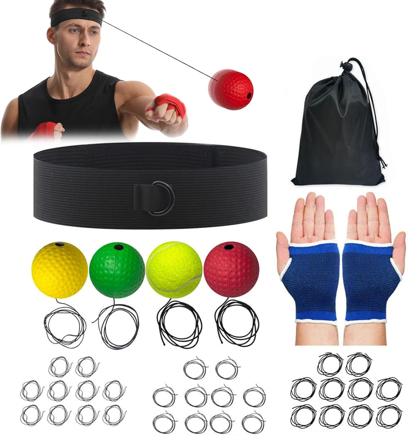 38 Pcs Reflex Ball Headband Set, Boxing Equipment Include 4 Different Ball, Headband, Palm Gloves, Carry Bag, Spare Ropes, Perfect for Agility, Fight Skill and Hand Eye Coordination Training