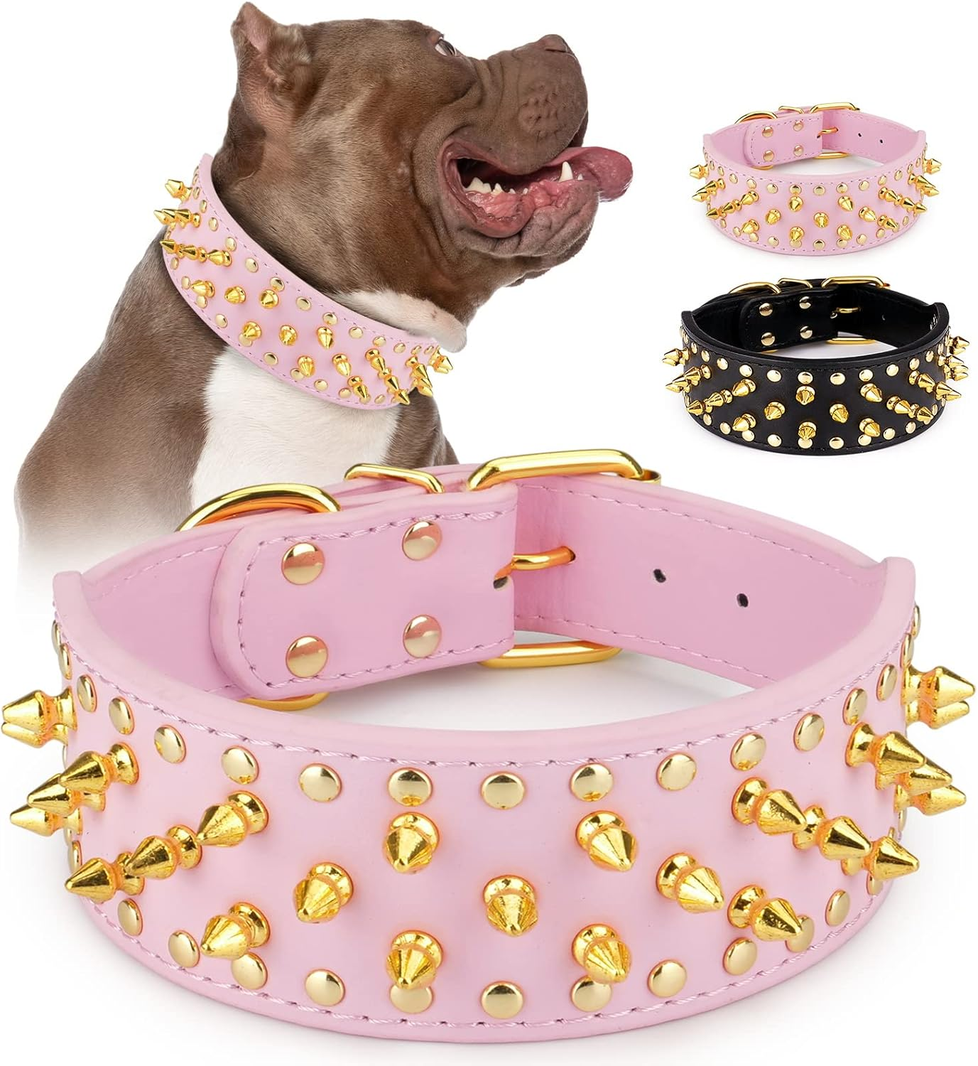 Epesiri Adjustable Wide Spiked Dog Collar, Mushroom Rivet PU Leather Cat Dog Collars, Durable Spike Studded Pet Collar for Small Medium Large Breed, Pitbull Mastiff Bulldog Pugs Husky Rottweiler, Pink