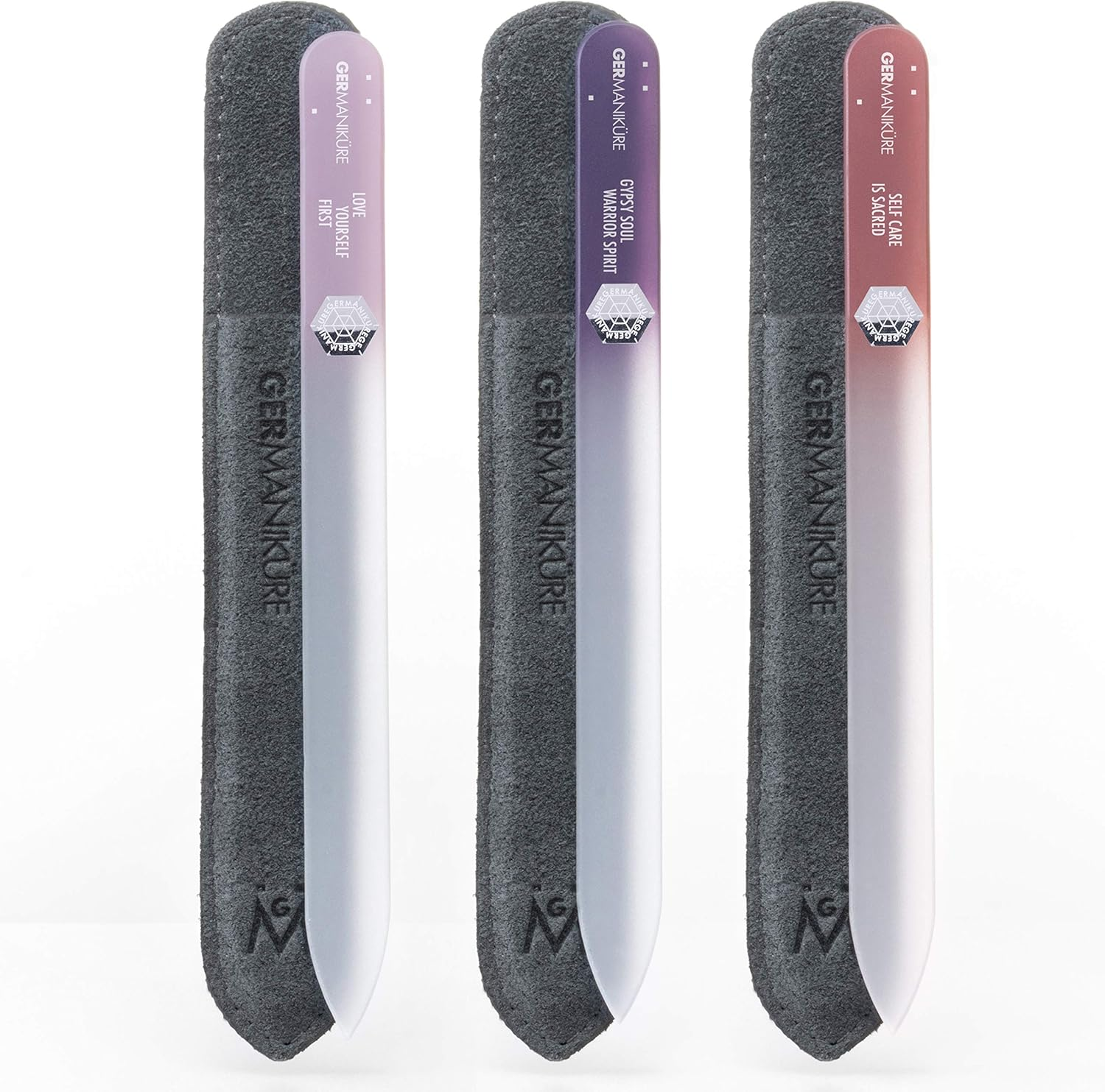 GERMANIKURE Czech Crystal Glass Nail File 3 Pack in Suede Leather Case - Professional Manicure & Pedicure Products for Smooth Easy Shaping of Natural Nails