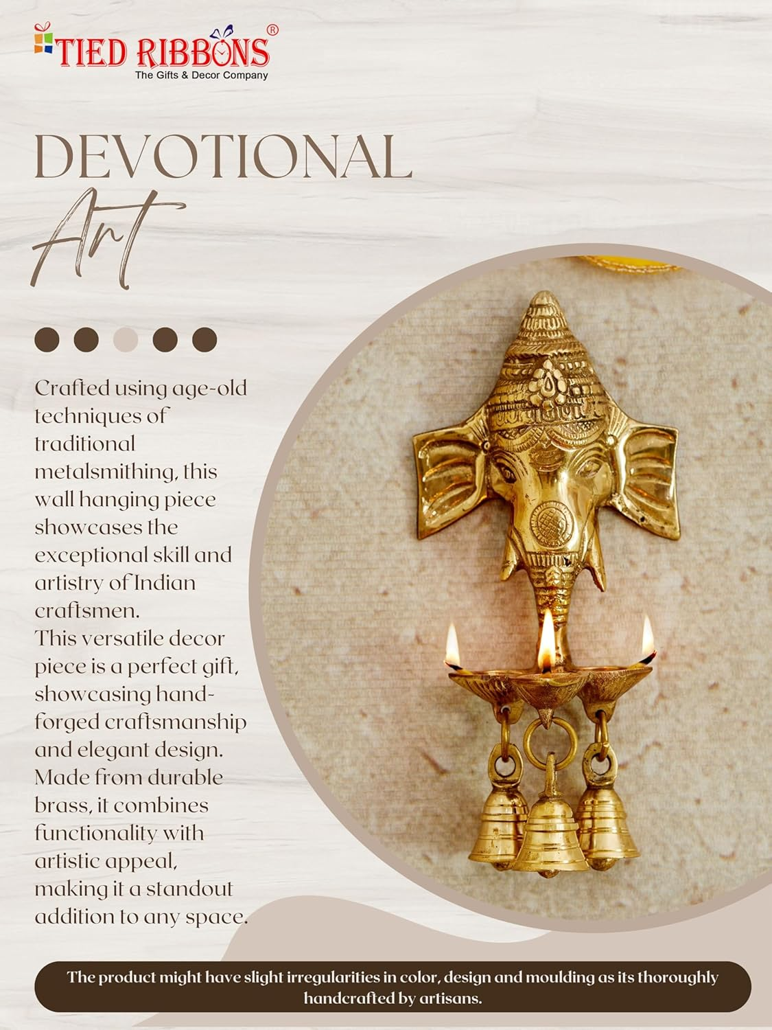 TIED RIBBONS Ganesha Wall Hanging with Diyas Bell | 9 Inch | Metal Ganesh Face Wall Decoration | Indian God Idol | Traditional Wall D&eacute;cor Ganpati Statue for Diwali Decorations, Ganesh Chaturthi