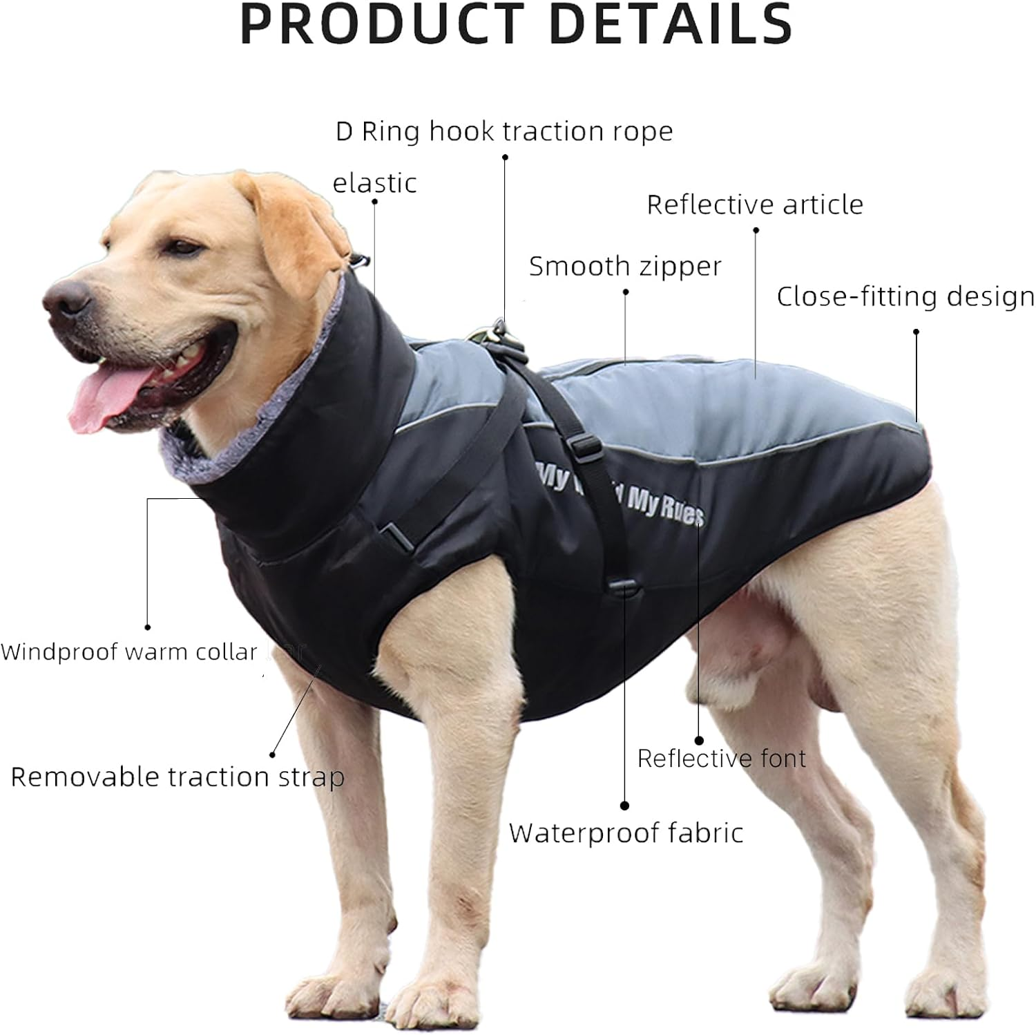 Velmoriah Dog Winter Coat Reflective Dog Jacket with Adjustable Buckle, Fleece Turtleneck, Zipper, Double D-Rings, Waterproof & Windproof for Small Medium Large X-Large Dogs (Black, 3XL) image number 5