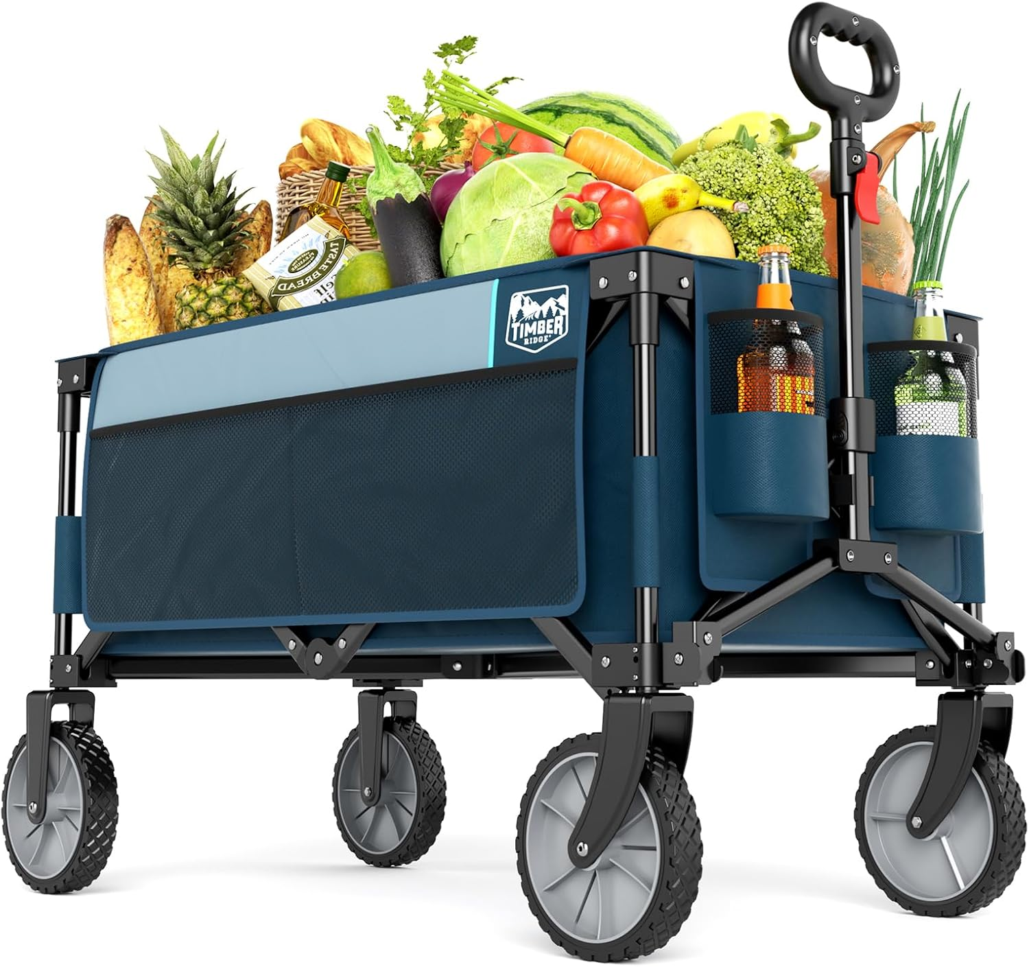 Timber Ridge Collapsible Outdoor Folding Wagon Cart Heavy Duty Camping Patio Shopping Garden Cart with Side Bag Cup Holder, Blue