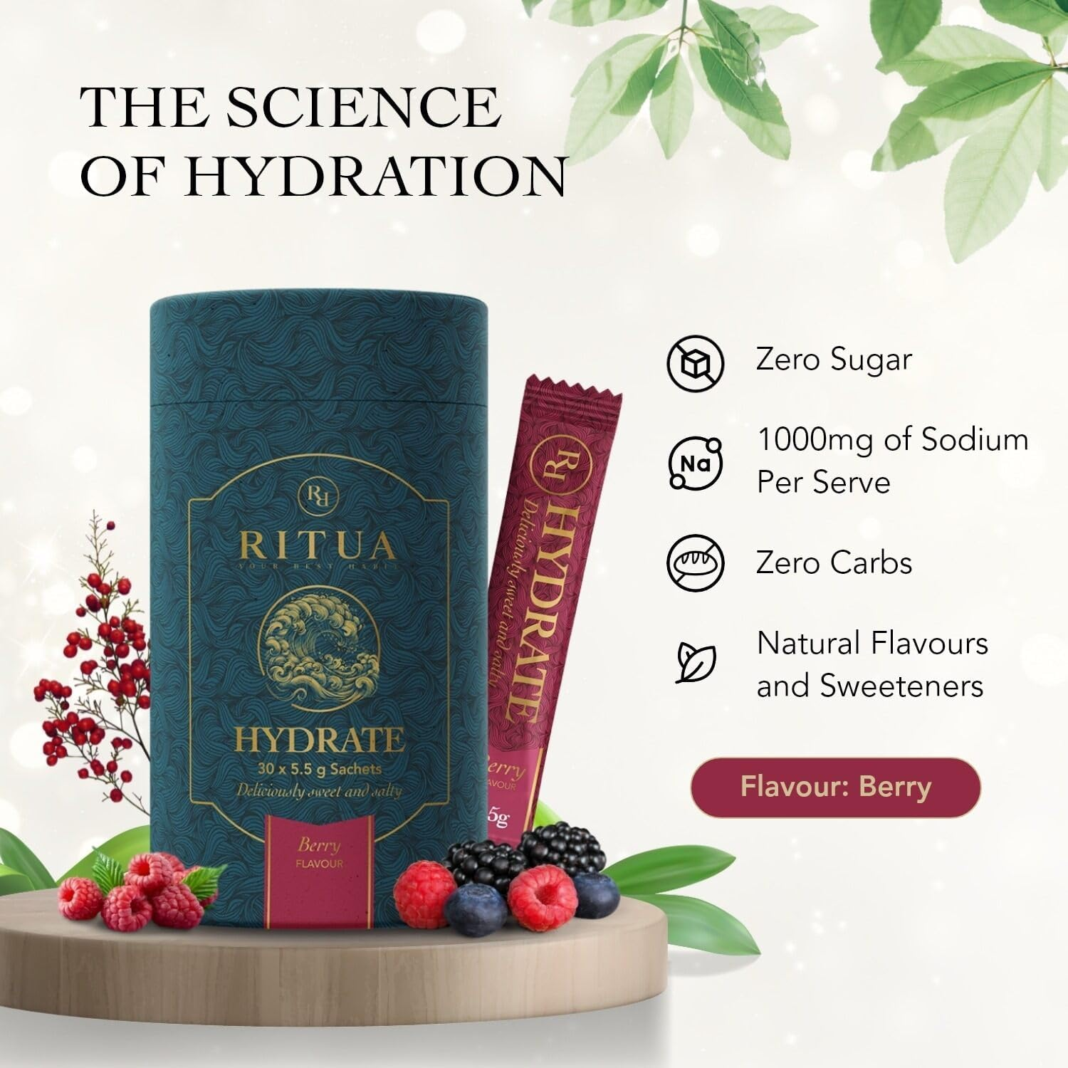 RITUA Zero Sugar HYDRATE Electrolyte Powder, Ideal Pre-Workout and Post-Workout Powder, Zero Carbs Energy Drink, 1000Mg Sodium per Serve, Natual Flavours and Sweeteners, 30 Sachets (30 Sachets, Berry) image number 1
