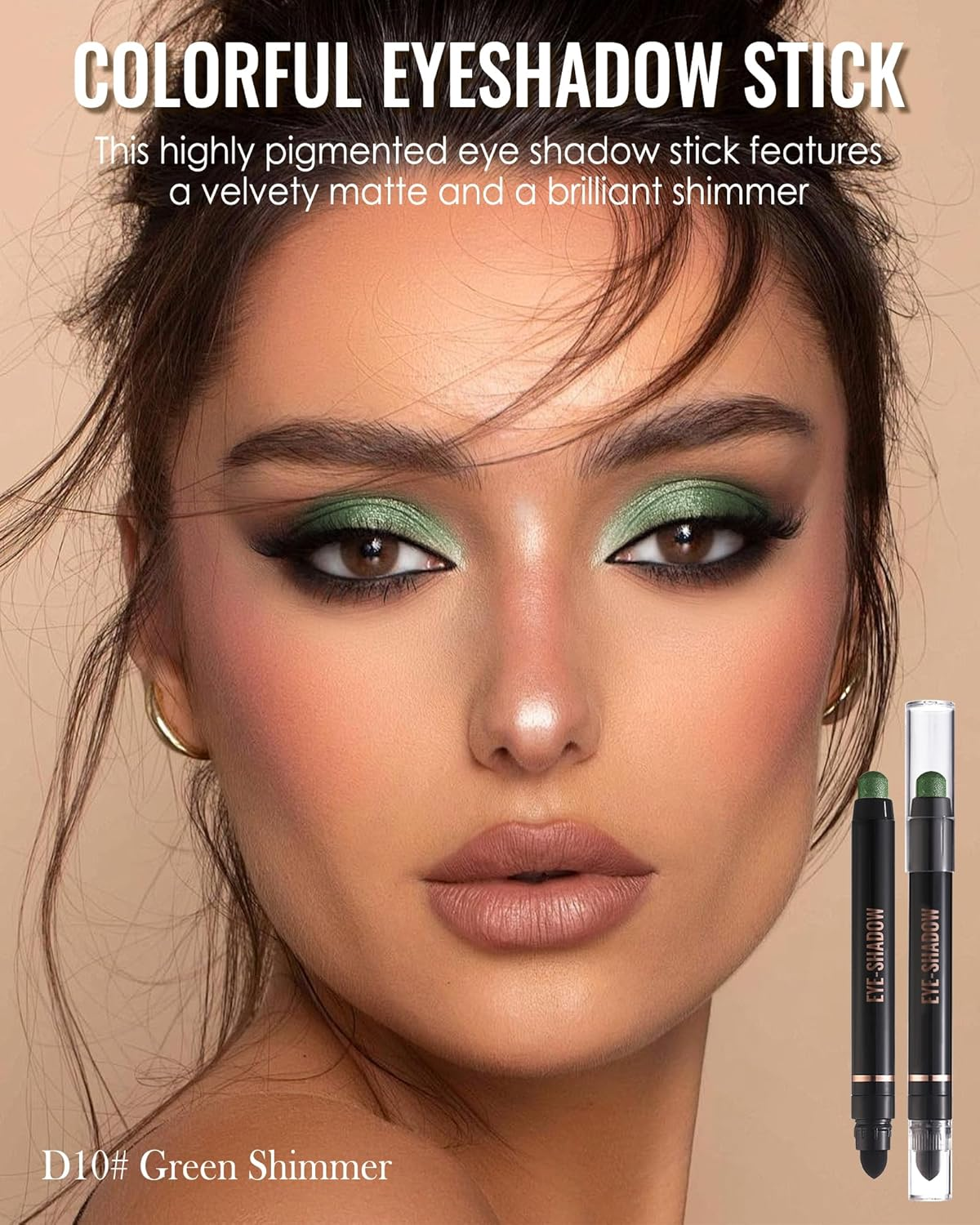 Green Glitter Eyeshadow Stick, Rotating Creamy Silky Eyeshadow Stick, Waterproof and Long-Lasting, Shimmer Eyeshadow Pencil Crayon with Smudger, Highly Pigmented Eye Makeup for Wrinkle Free D10 image number 3