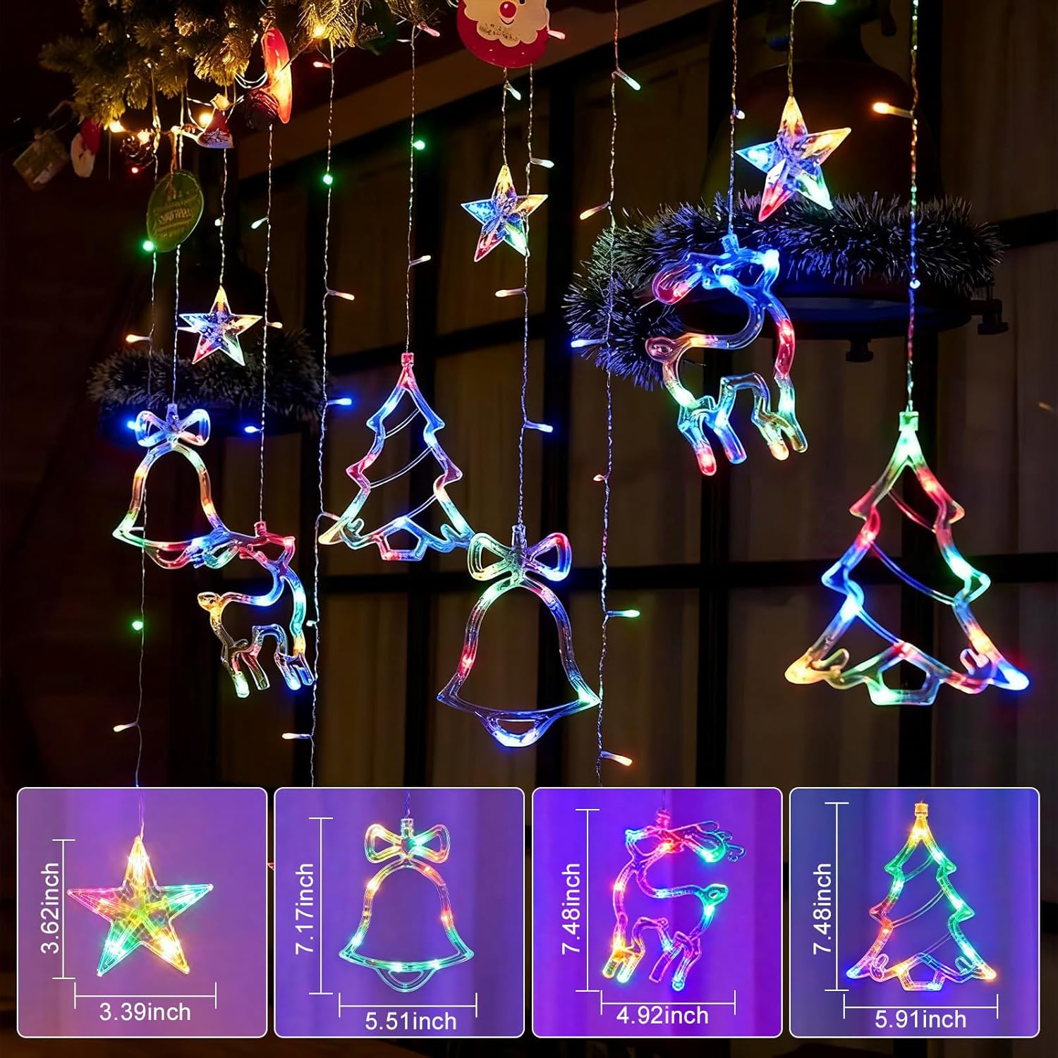 Christmas Window Lights, 138 LED 3.5M Christmas Decorations Indoor Lights with Christmas Tree Bell Reindeer Star, Alway-On Flash Hanging Decors Lights for Party Home Window(Multicolor) image number 2