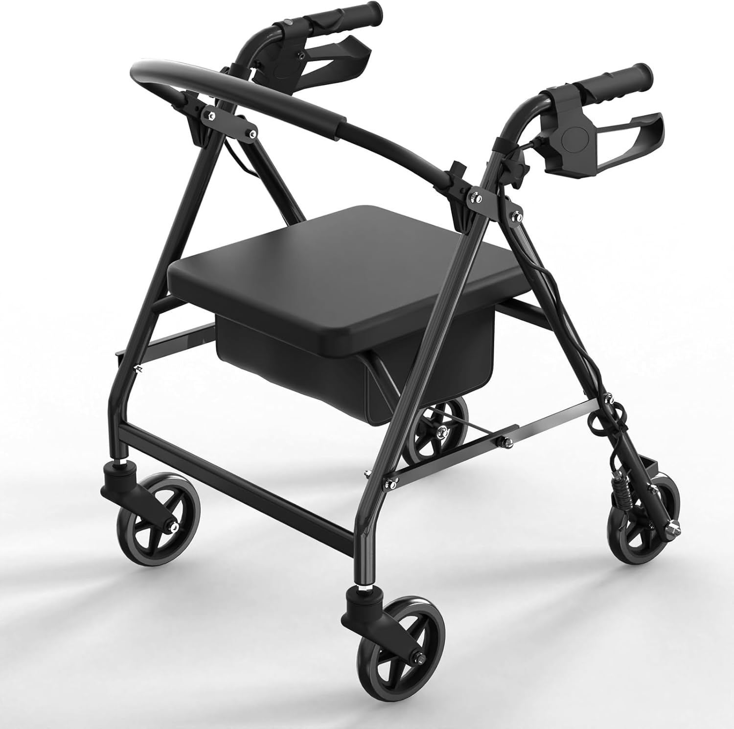 Rollator Walker, Lightweight 4-Wheel Foldable Mobility Aid with Brakes and Seat Basket, Large 6-Inch Wheels, Adjustable Height Rolling Walker Compact Mobility Device Supports up to 136Kg, Black