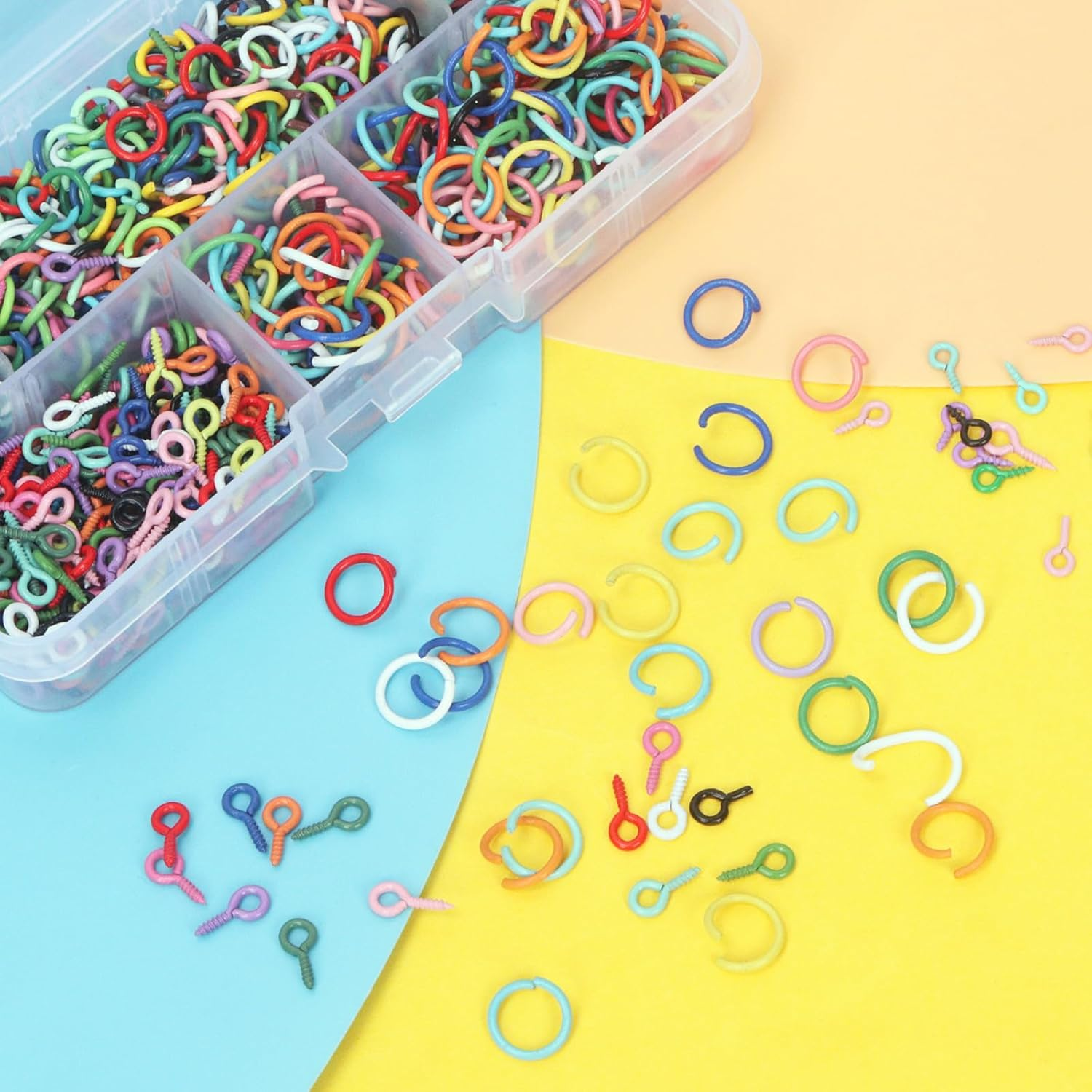 Keadic 1200Pcs 2 Sizes Mini Metal Screw Eye Pins and Open Jump Ring Set, Colorful Jewelry Making Findings Supplies for Cork Bottles Earring Charm Crafting image number 1