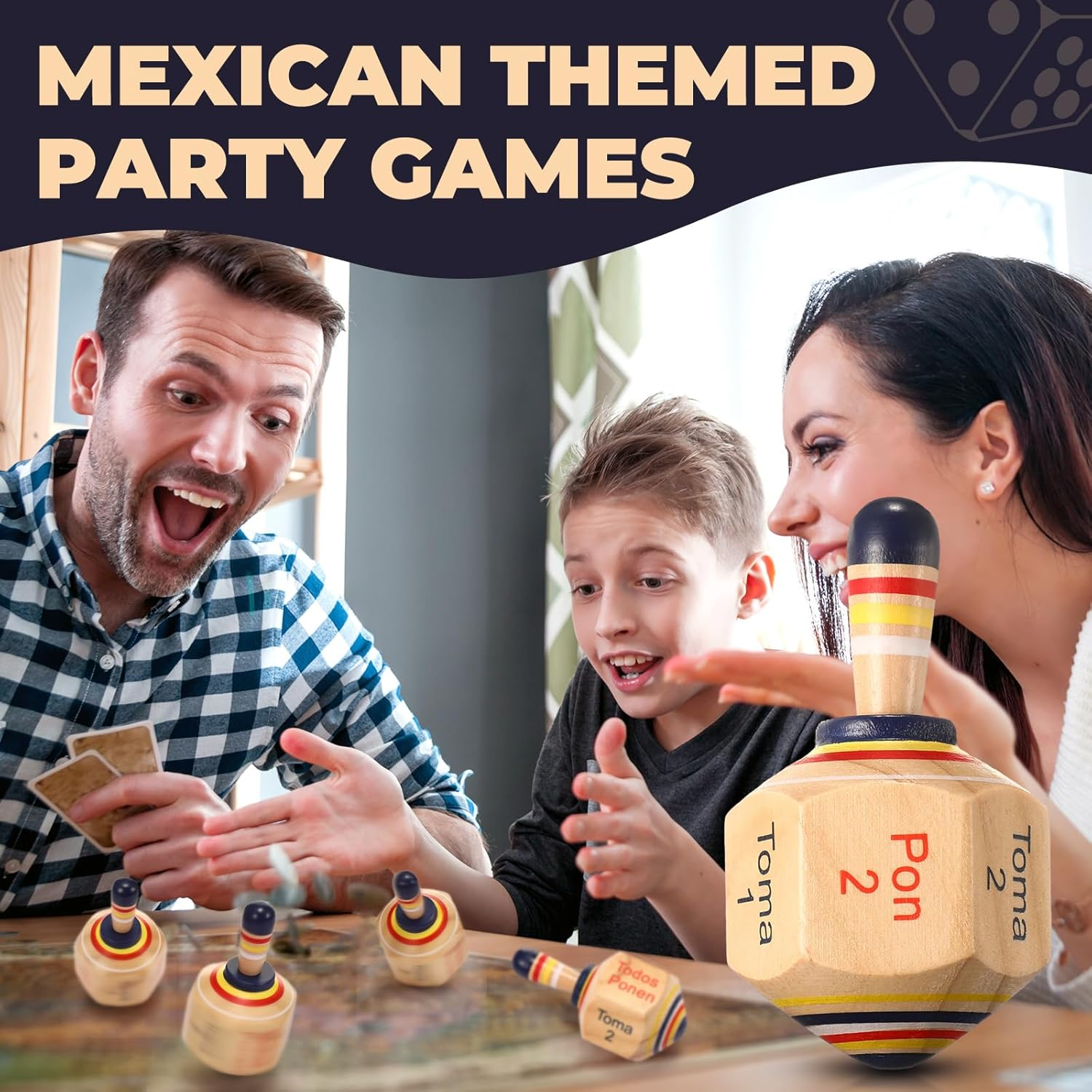 Poen 5 Pieces Large Wooden Toma Todo Bulk, 4.5 Inch Classic Mexican Wood Spinning Top Game for Kids and Adults, Pirinola Toma Todo Party Games for Mexican Fiesta Party Cinco De Mayo Family Game image number 6