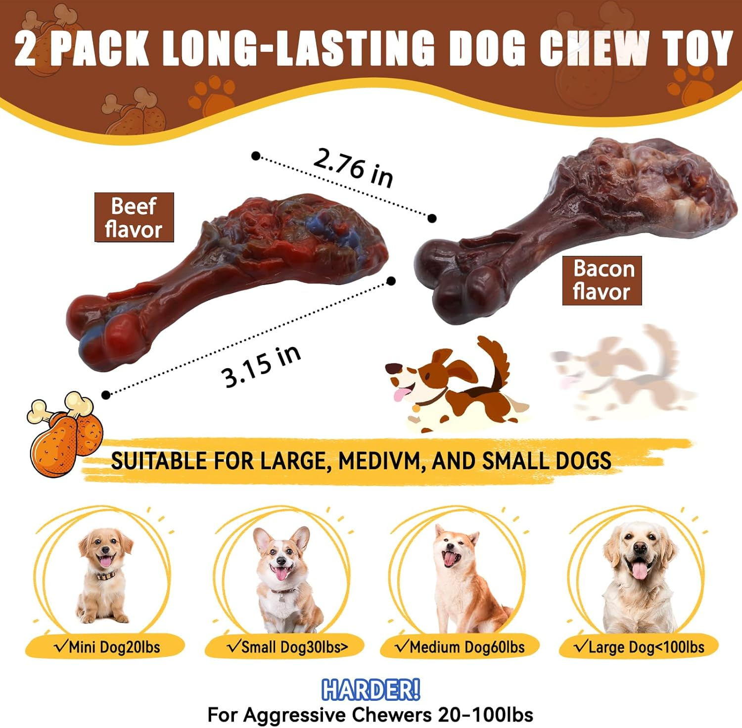 Dog Chew Toys for Aggressive Chewers, Indestructible Dog Toy for for Medium/Large Breed, Tough Nylon Teething Bone Toy to Keep Them Busy,Bacon and Real Beef Flavor (Beef+Bacon Flavor, 2 Pack) image number 6